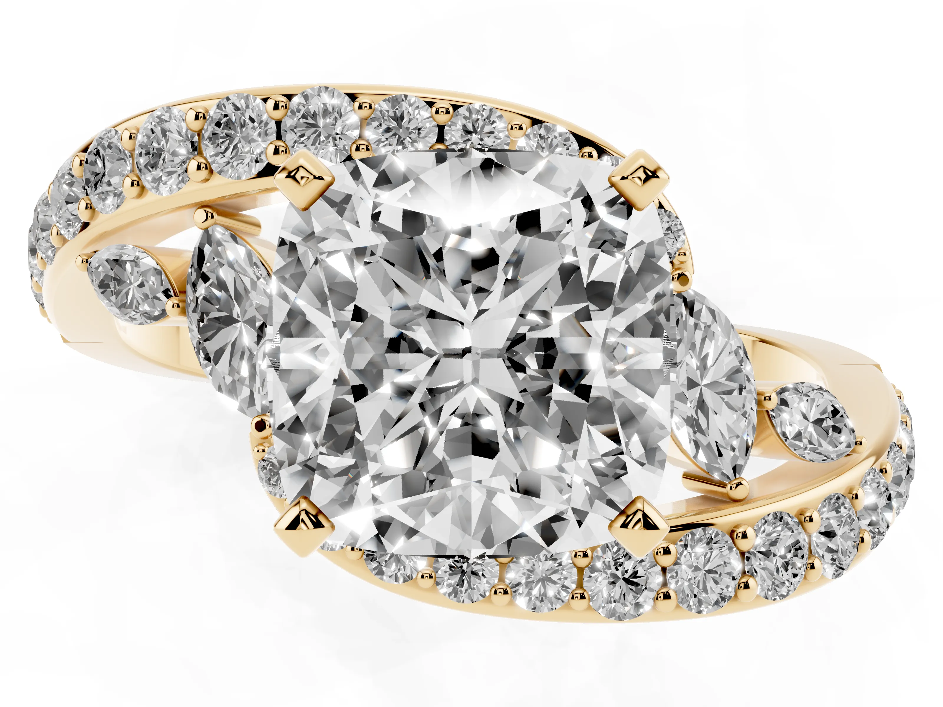 Cushion Cut Diamond Solitaire Ring Set in Yellow gold with Filigree Band and Prong Setting