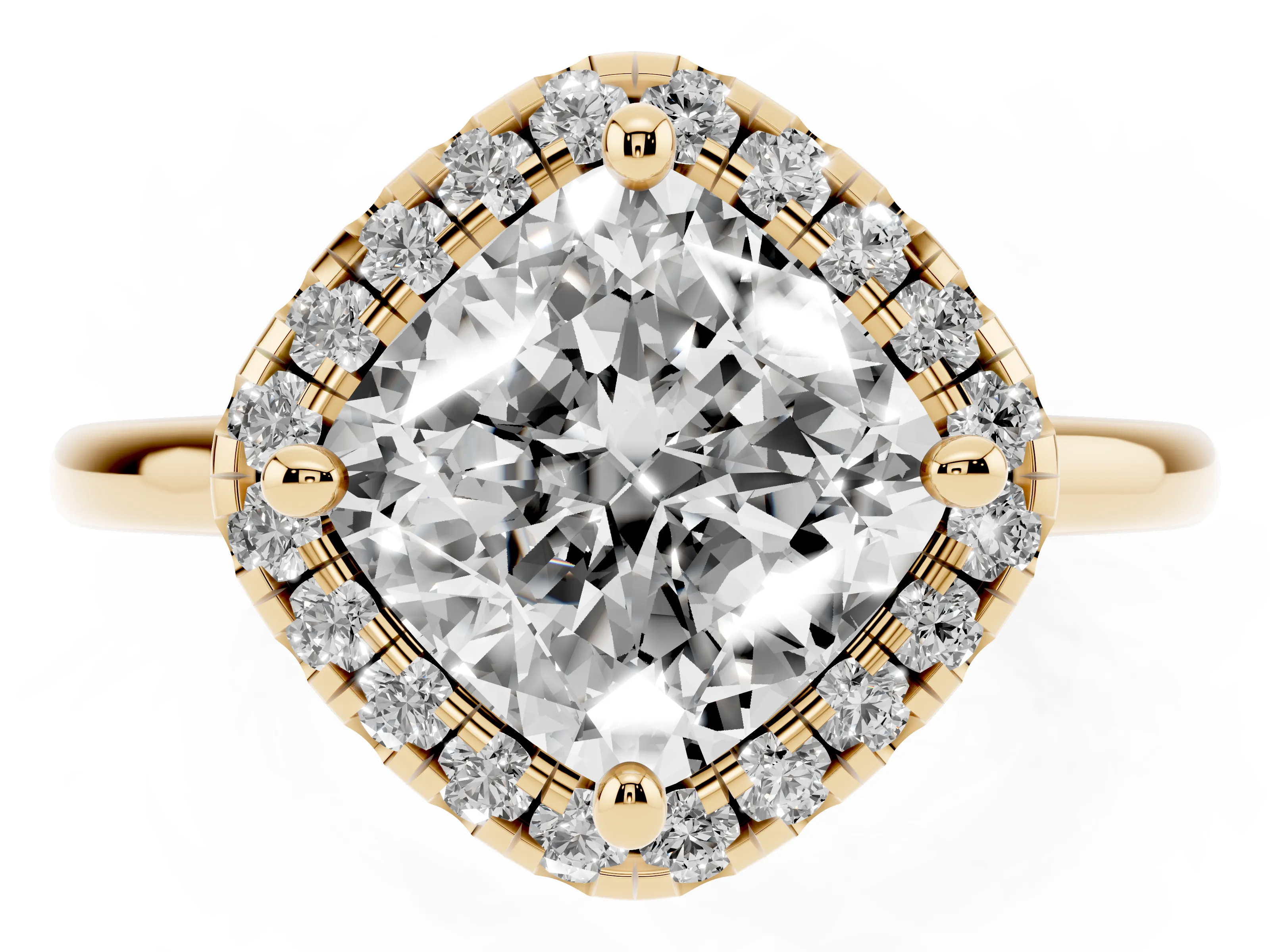 Cushion Cut Diamond Halo Engagement Ring Set in Yellow gold with Pavé Band and Rising Shoulders
