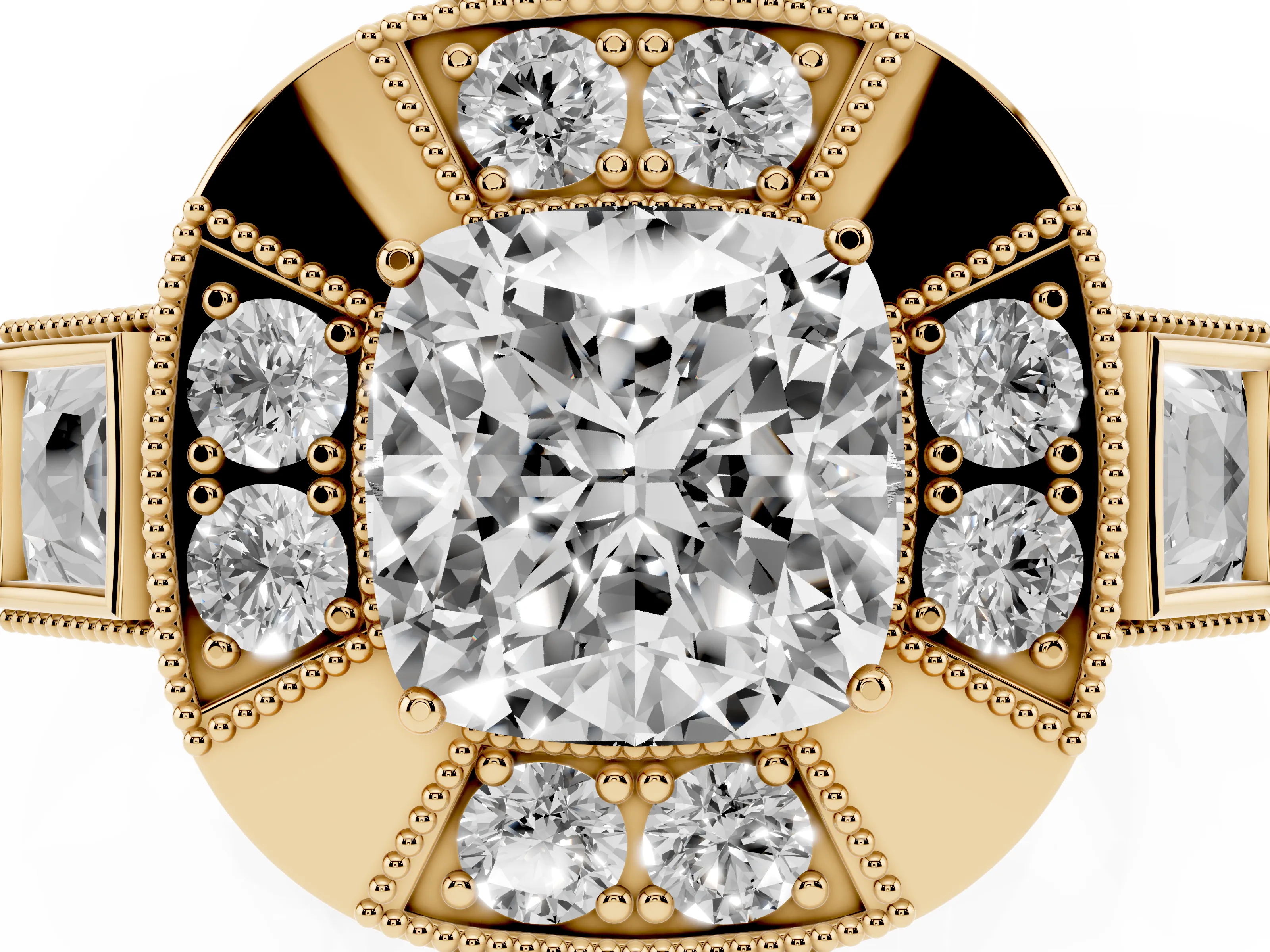 Cushion Cut Diamond Milgrain Halo Ring Set in Yellow gold with Split Shank