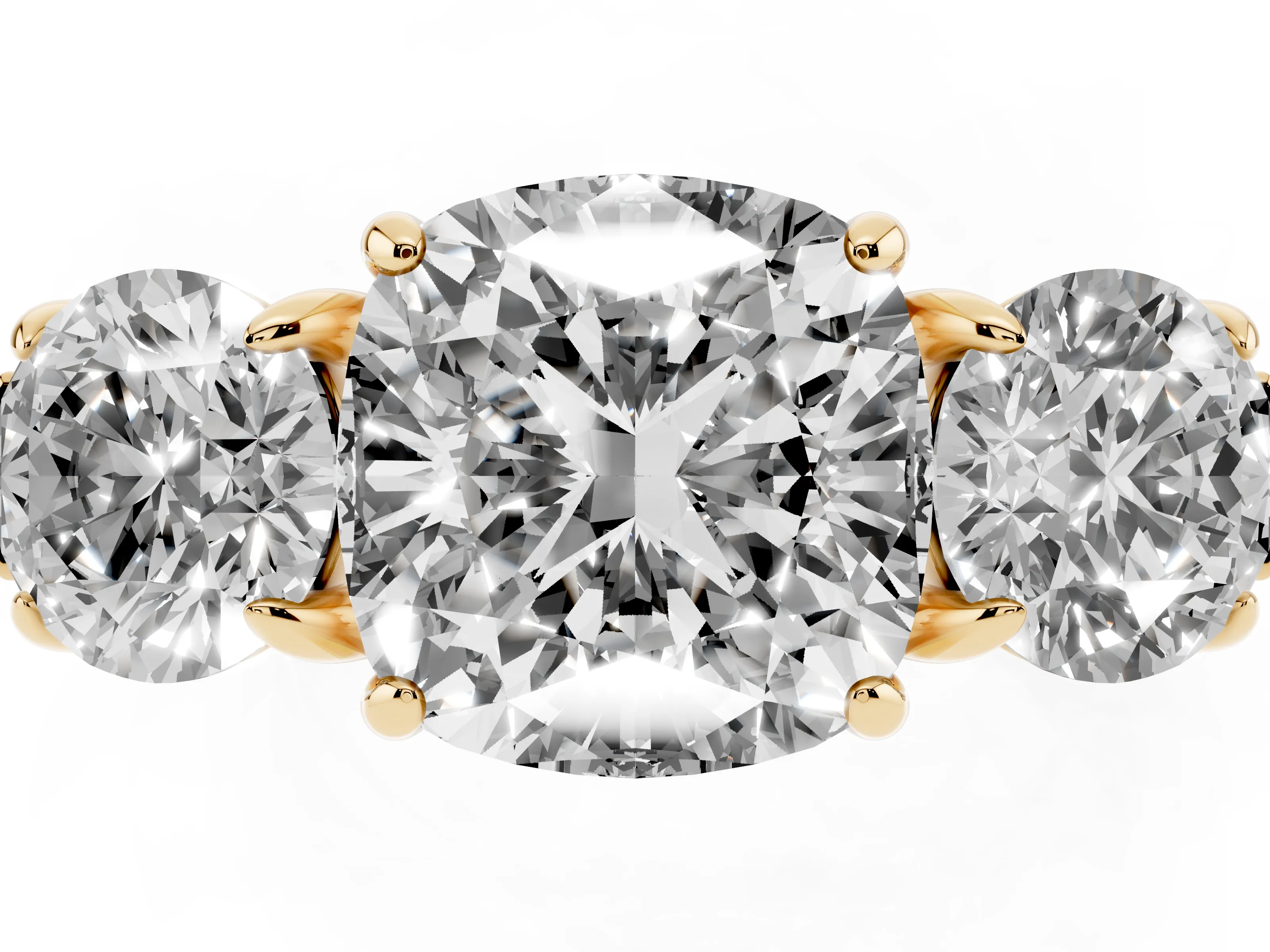 Cushion Cut Diamond Three-Stone Ring Set in Yellow gold with Round Accent Stones and Plain Band