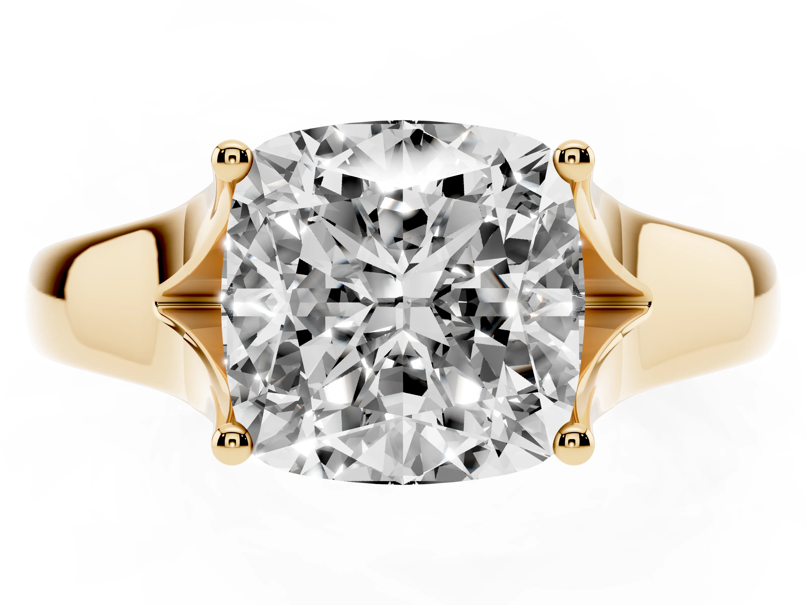 Cushion Cut Diamond Solitaire Ring Set in Yellow gold with Arched Cathedral Band and Prong Setting