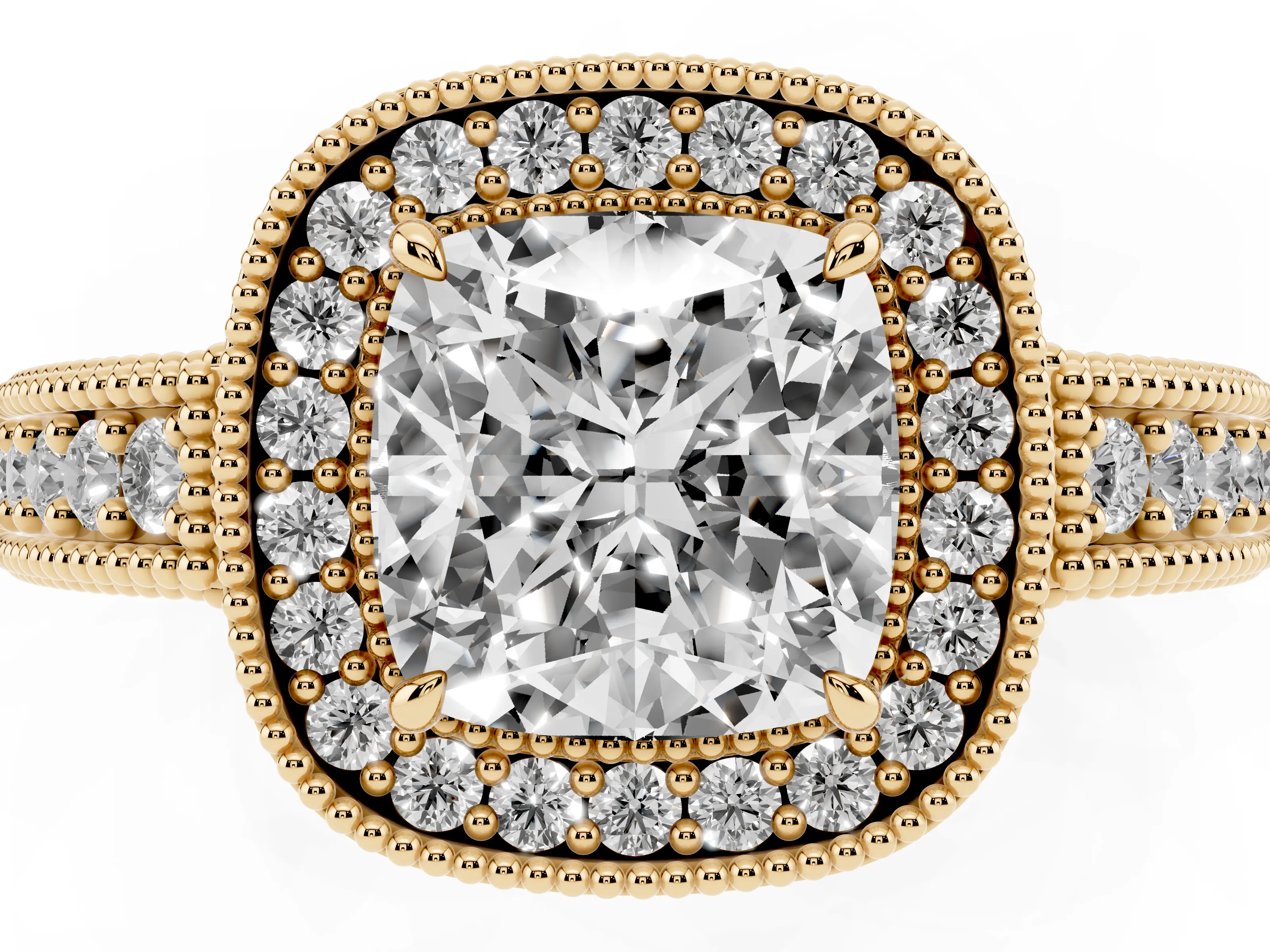 Cushion Cut Diamond Halo Ring Set in Yellow gold with Round Accent Halo, Pavé Band and Prong Setting