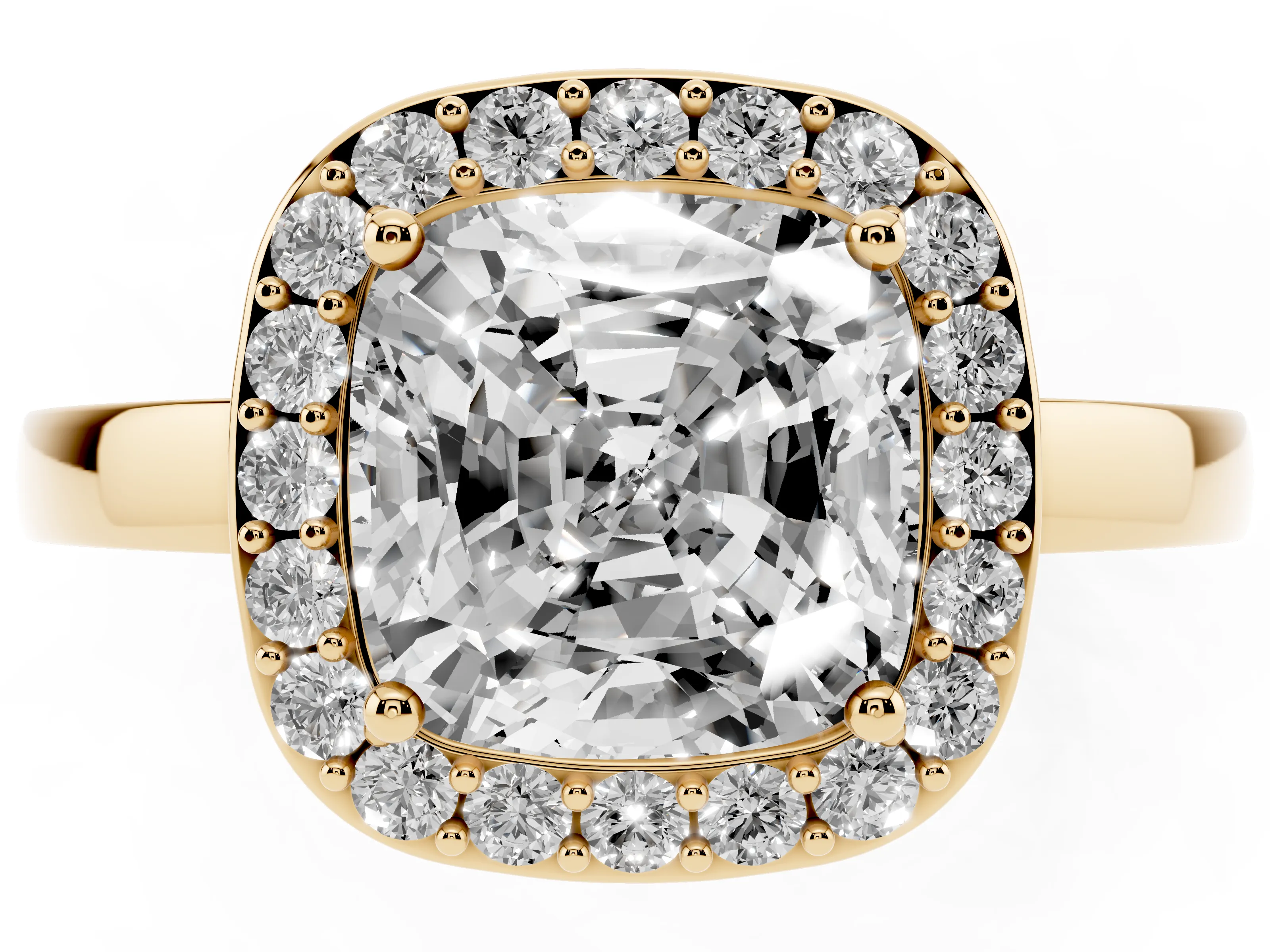 Cushion Cut Diamond Halo Ring Set in Yellow gold with Solitaire Band and Prong Setting