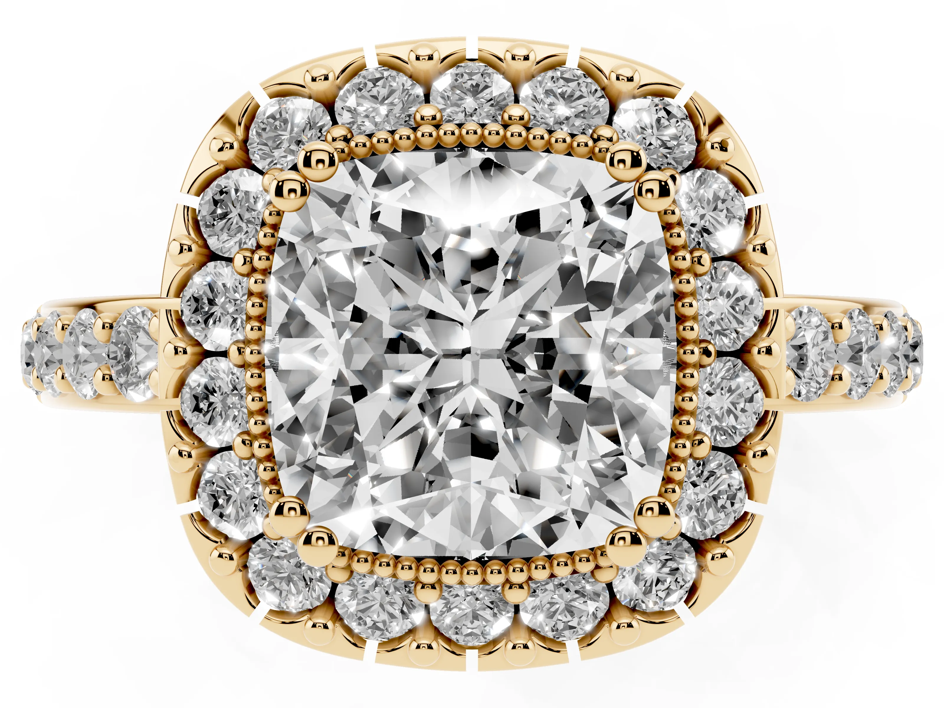 Cushion Cut Diamond Halo Ring Set in Yellow gold with Pavé Shank and Prong Setting