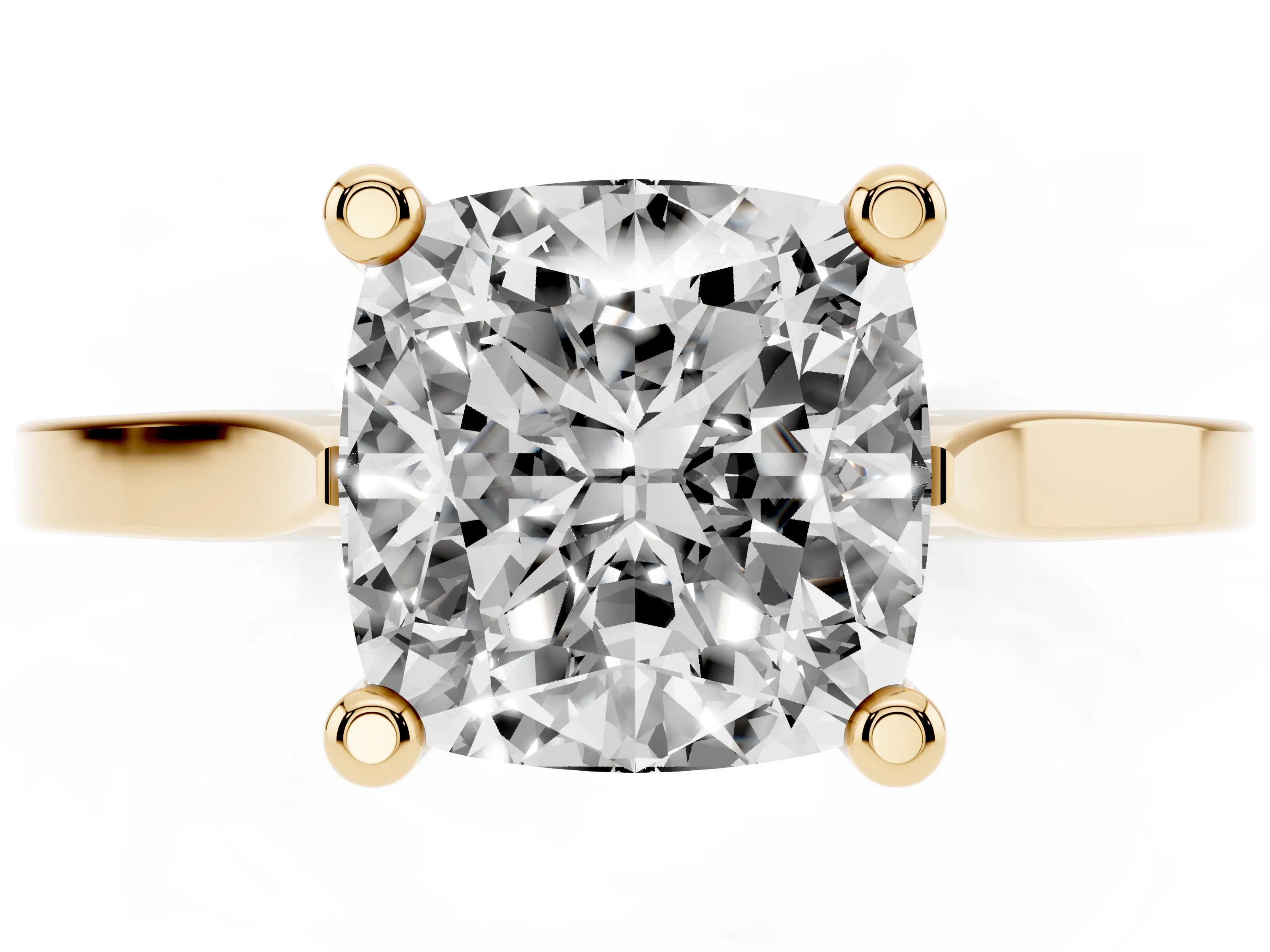 Cushion Cut Diamond Solitaire Ring Set in Yellow gold with Prong Setting and Tapered Band