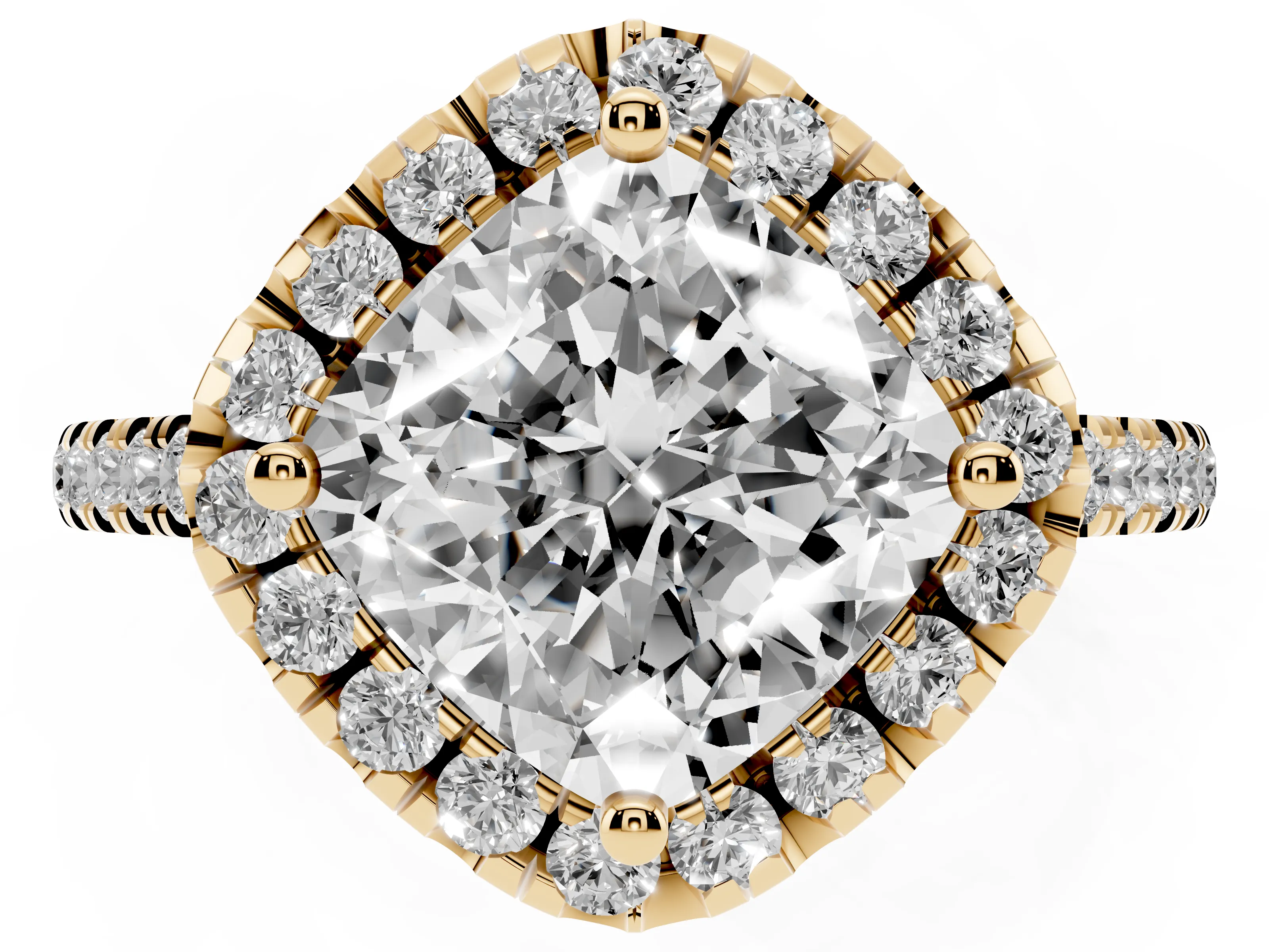 Cushion Cut Diamond Cushion Halo Ring Set in Yellow gold with Pavé Band