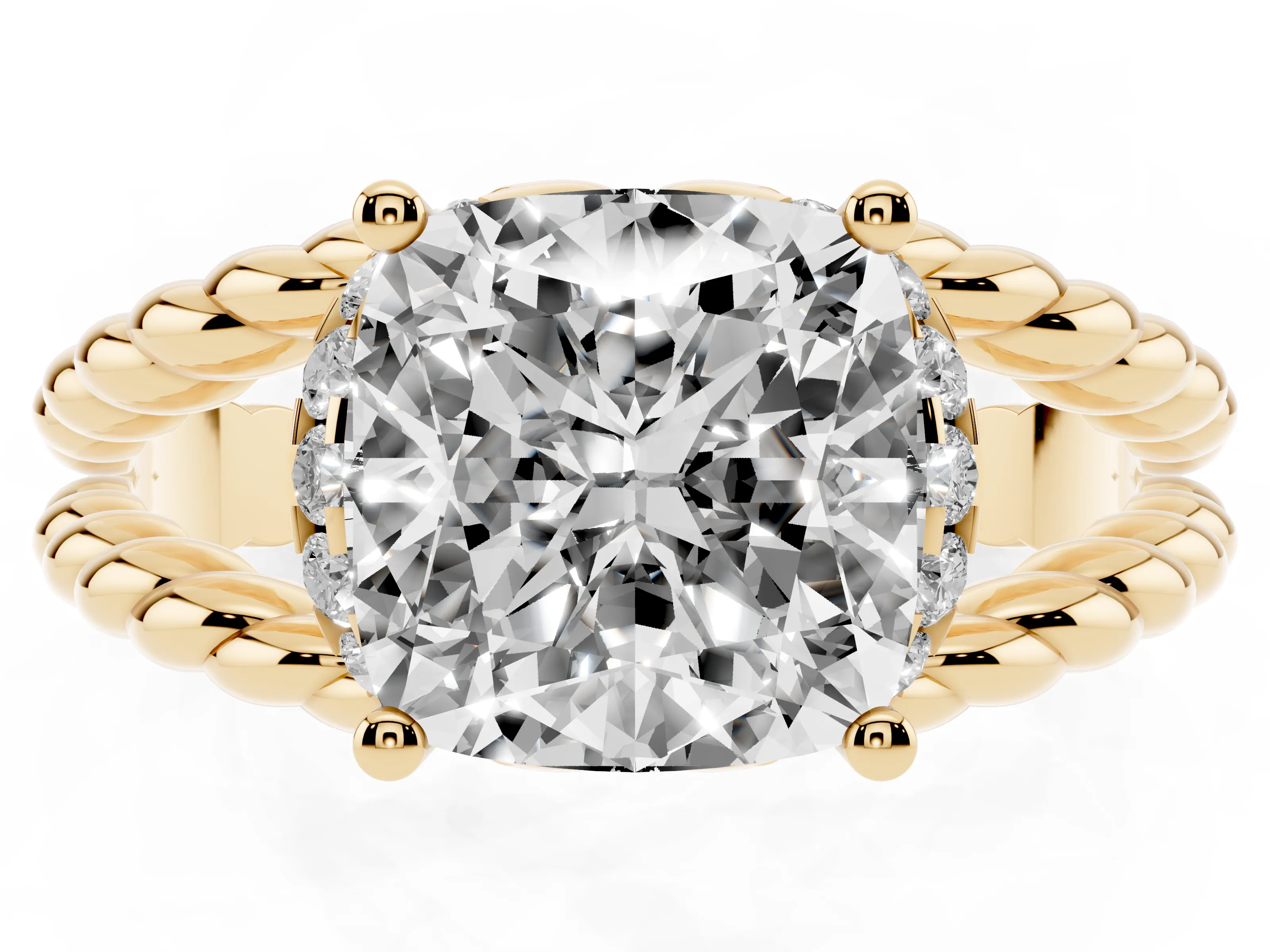 Cushion Cut Diamond Halo Ring Set in Yellow gold with Twisted Band and Prong Setting