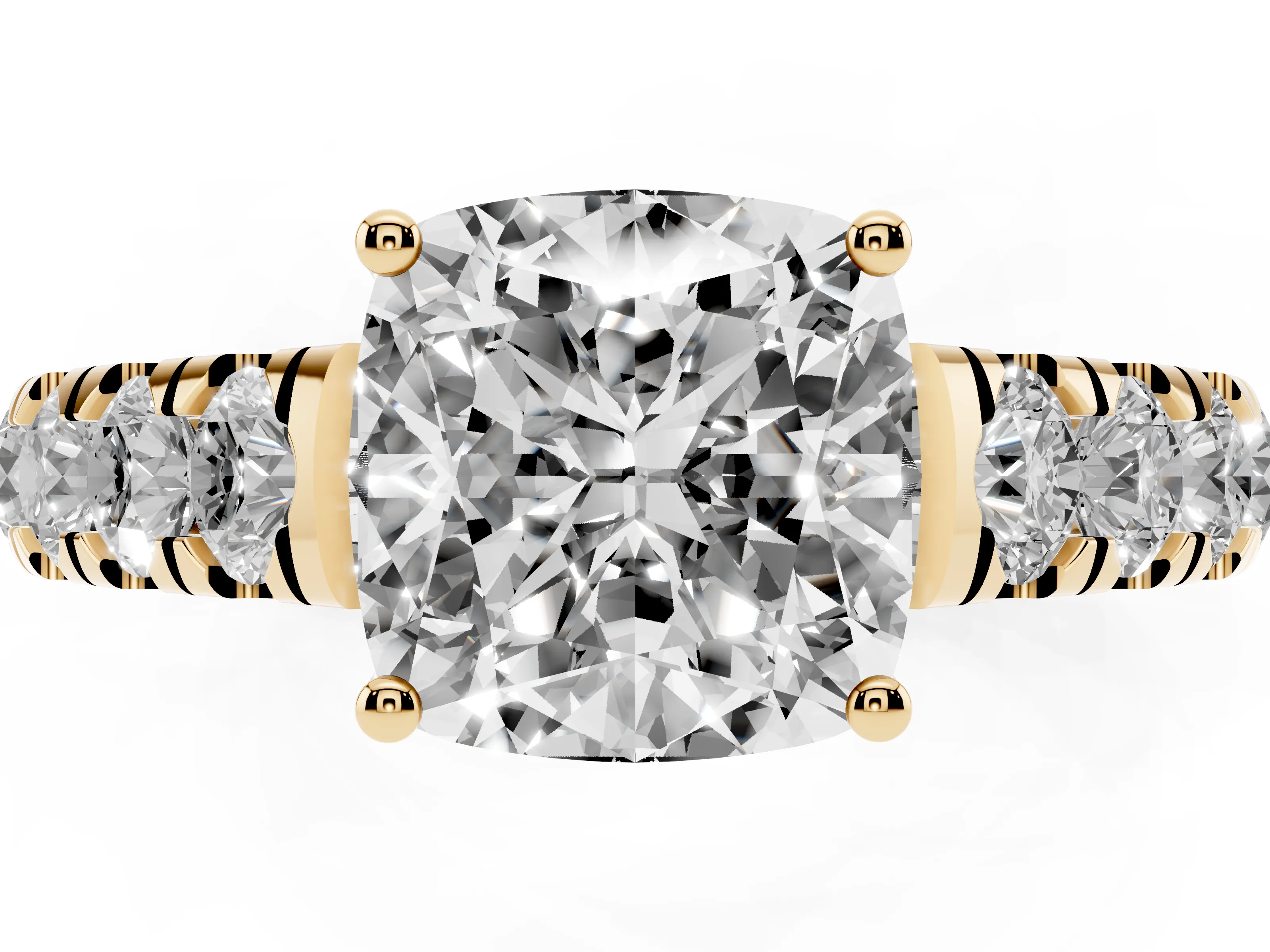 Cushion Cut Diamond Solitaire Ring Set in Yellow gold with Cut-Down Micro Pavé Band and Prong Setting
