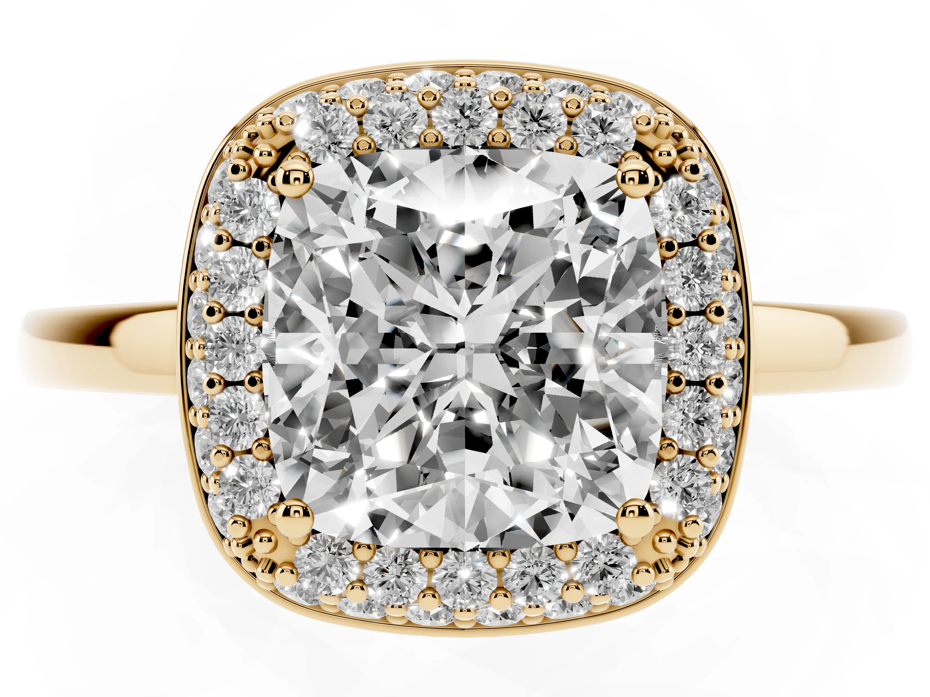 Cushion Cut Diamond Halo Engagement Ring Set in Yellow gold with Solitaire Band and Prong Setting