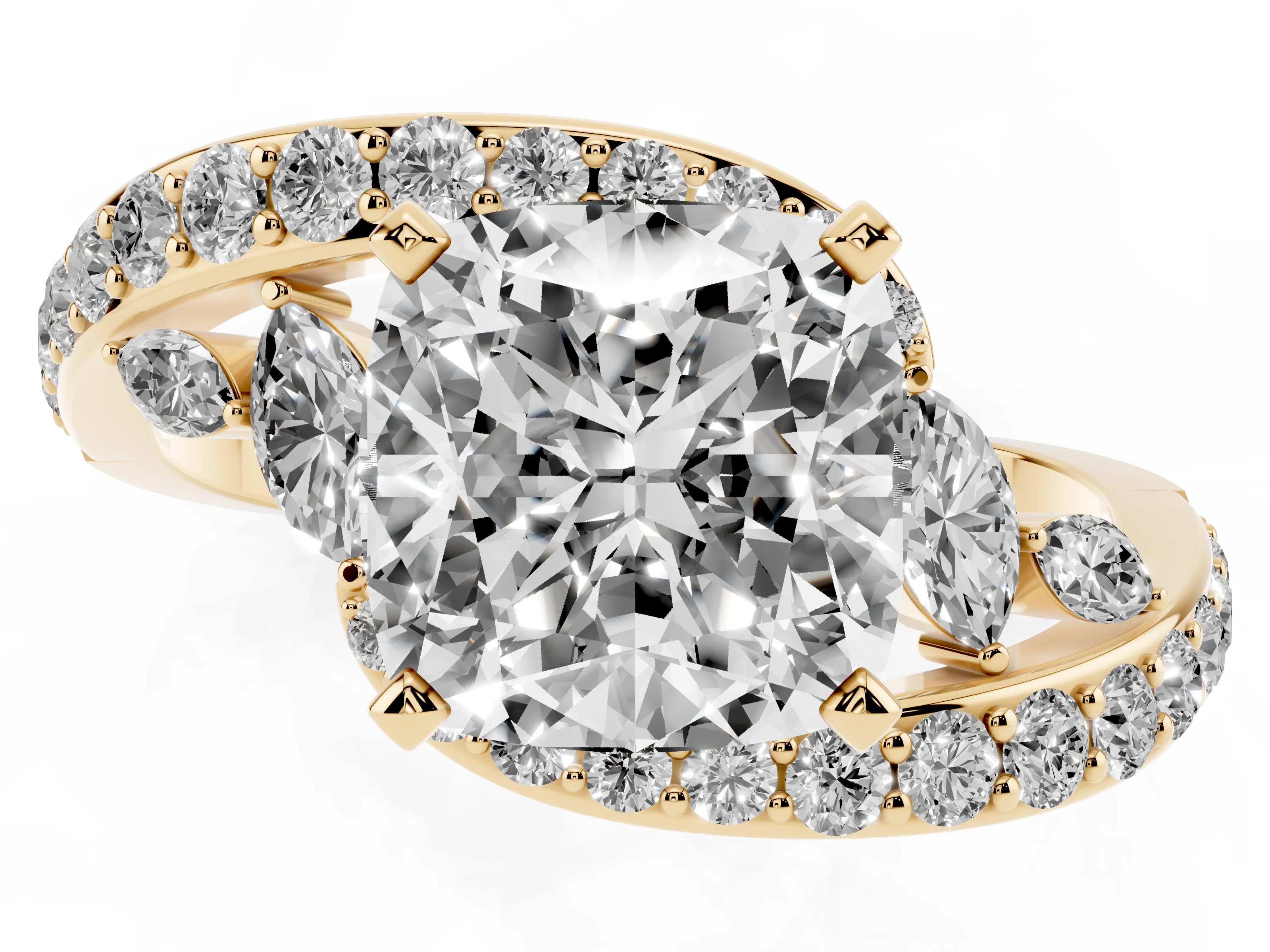 Cushion Cut Diamond Solitaire Ring Set in Yellow gold with Pavé Twist Band and Secure Prong Setting