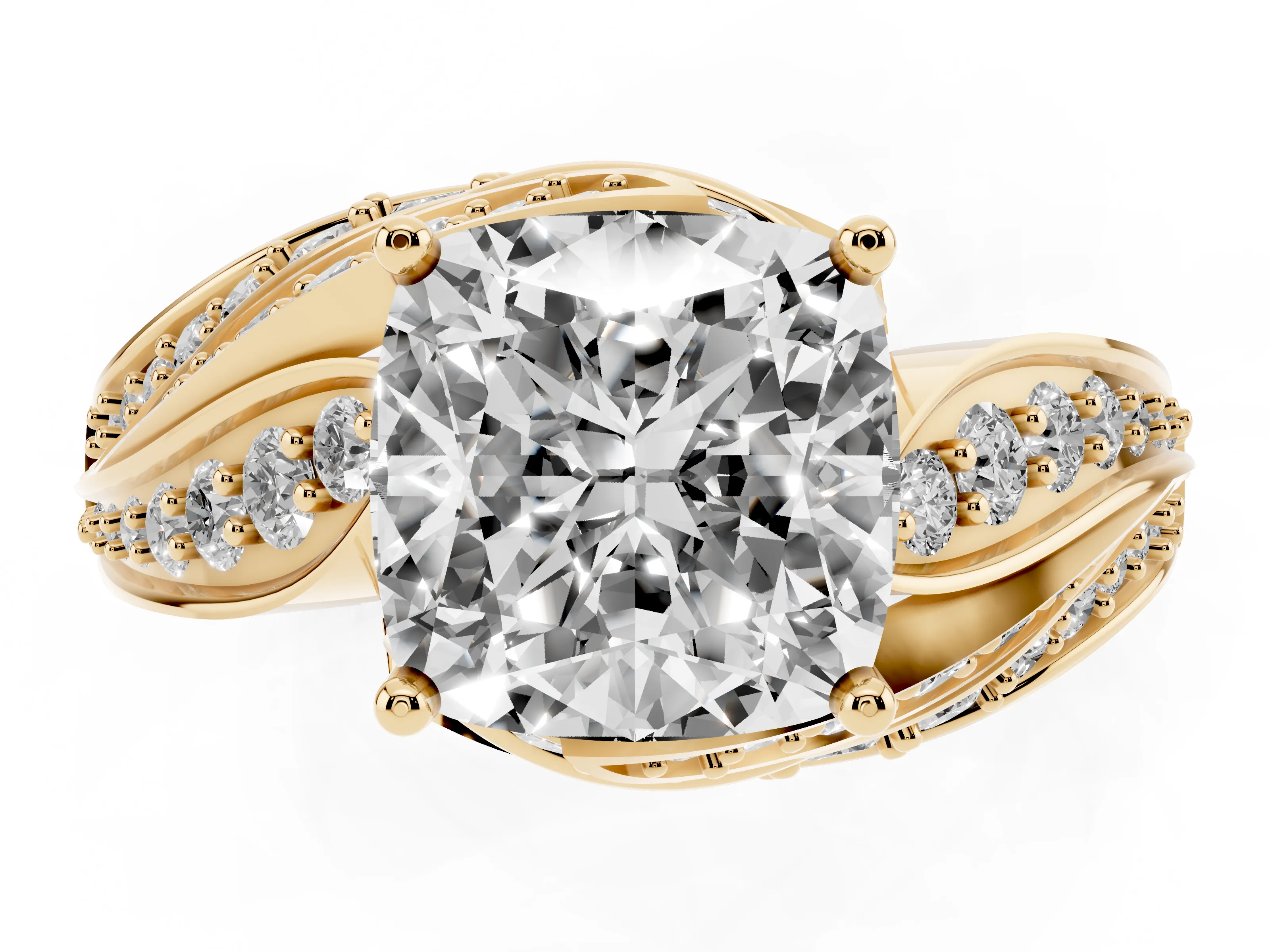 Cushion Cut Diamond Solitaire Ring Set in Yellow gold with Layered Twist Pavé Band