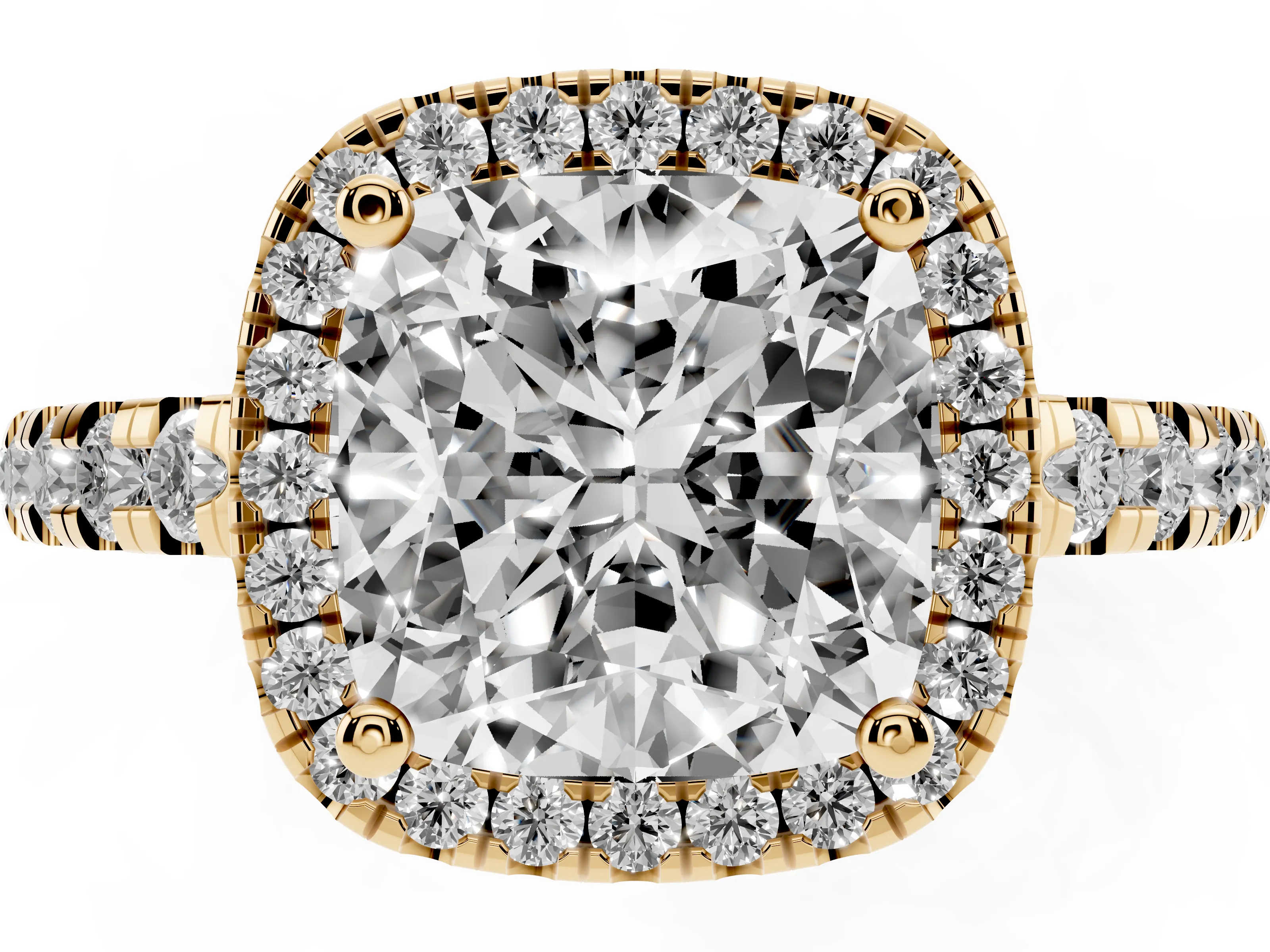 Cushion Cut Diamond Halo Ring Set in Yellow gold with Delicate Pavé Band and Prong Setting