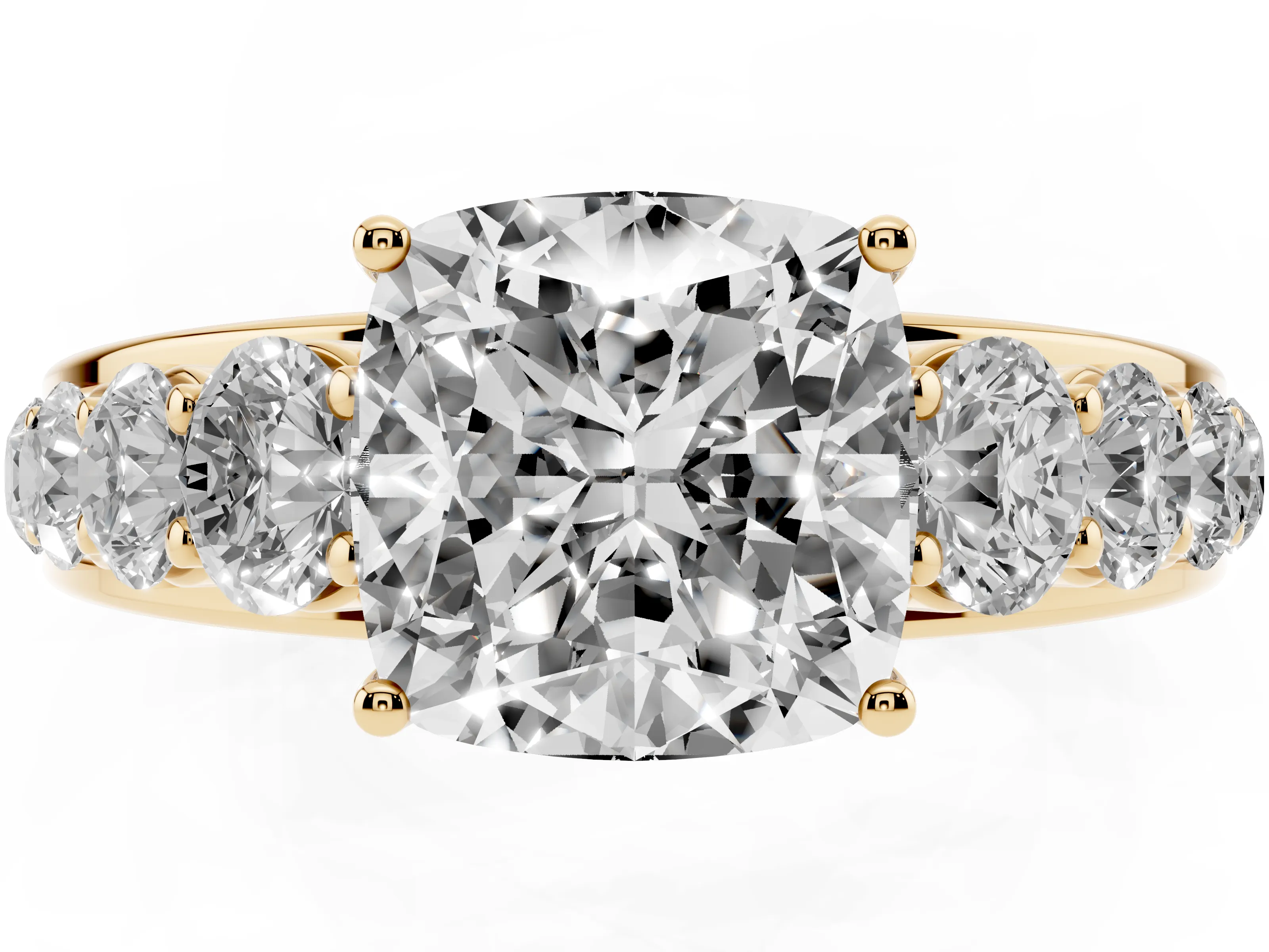 Cushion Cut Diamond Solitaire Ring Set in Yellow gold with Pavé-Set Band and Prong Setting