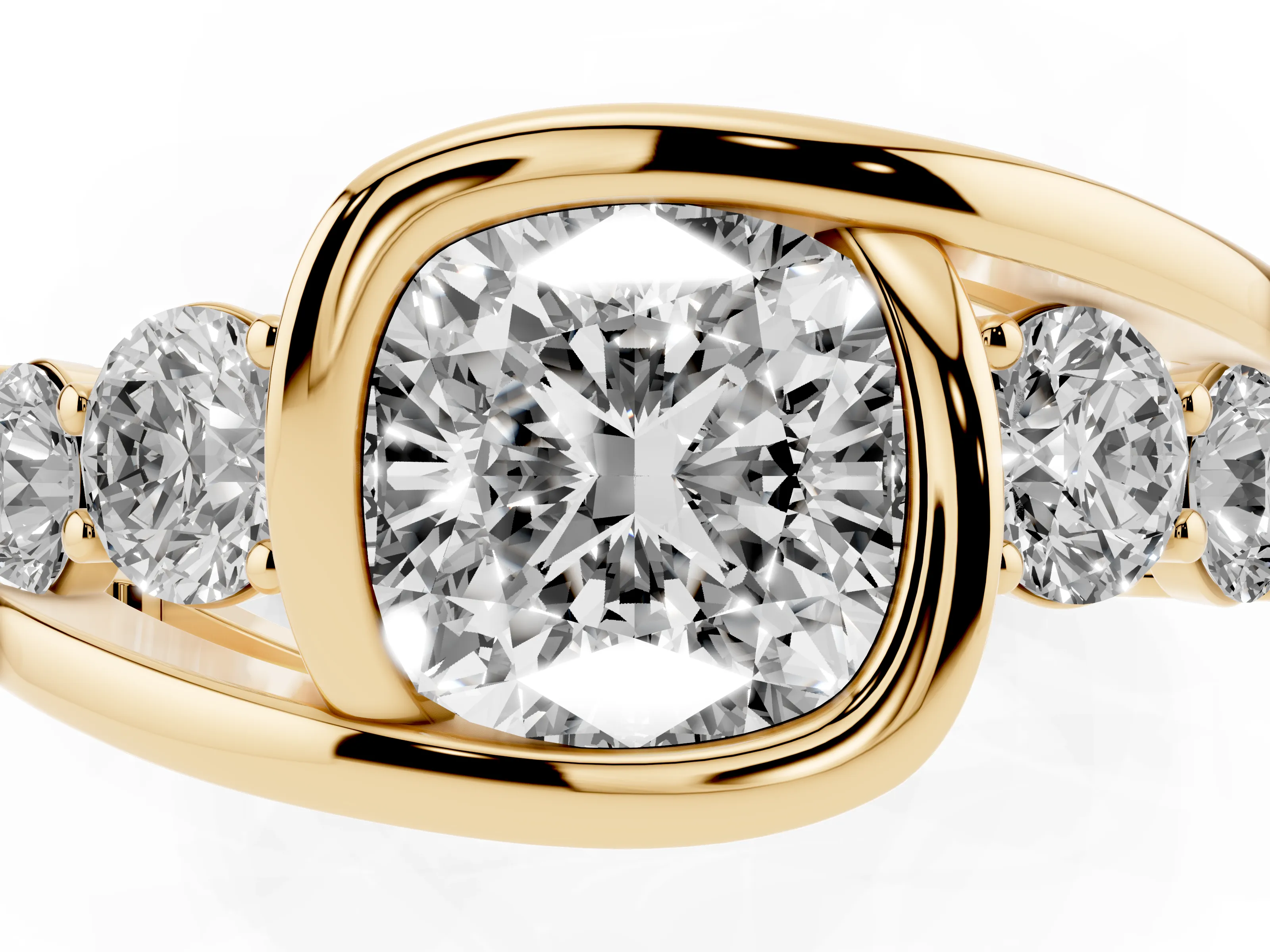 Cushion Cut Diamond Bezel Bypass Ring Set in Yellow gold with Round Accents