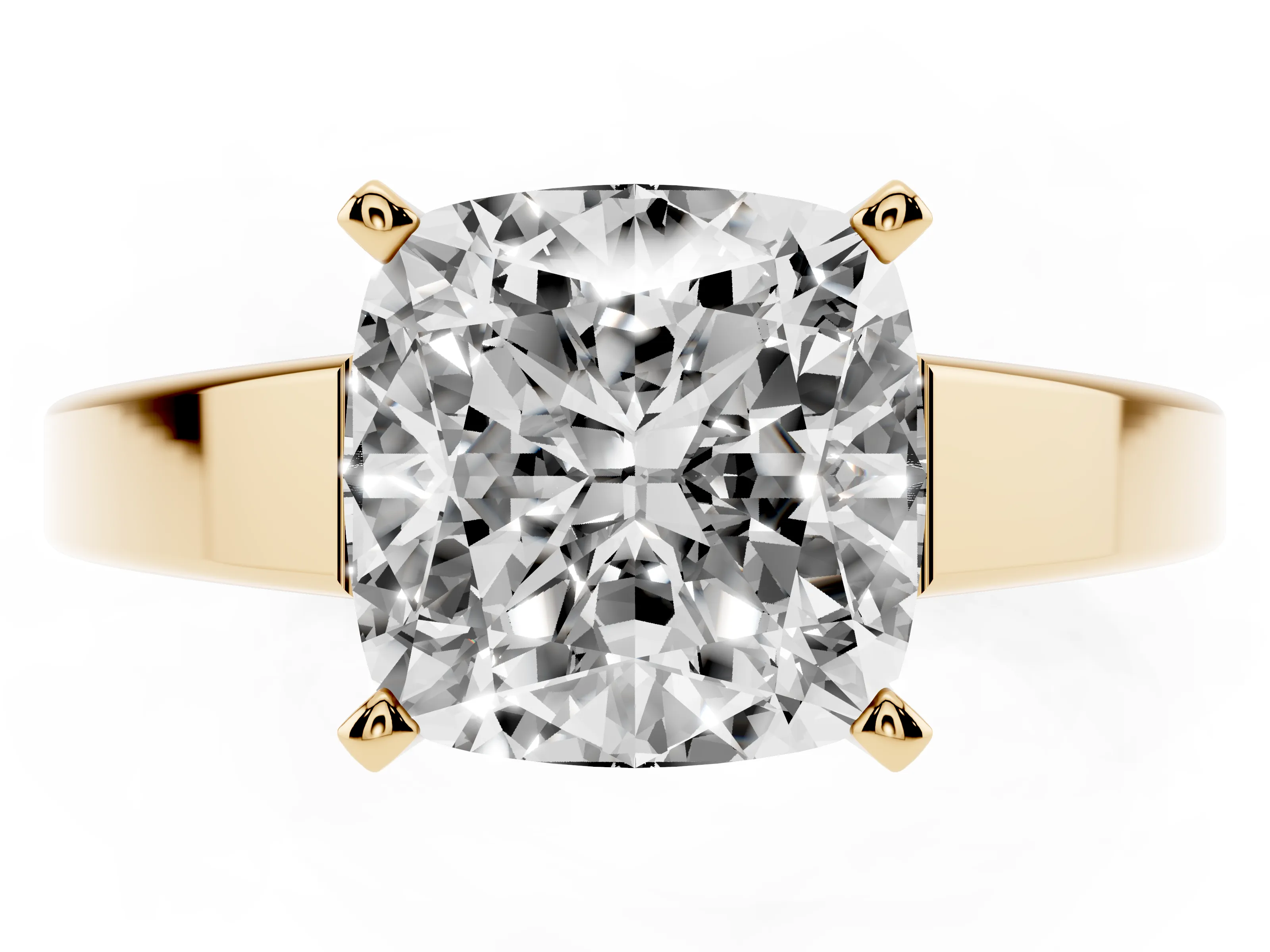 Cushion Cut Diamond Solitaire Engagement Ring Set in Yellow gold with Prong Setting and Tapered Band