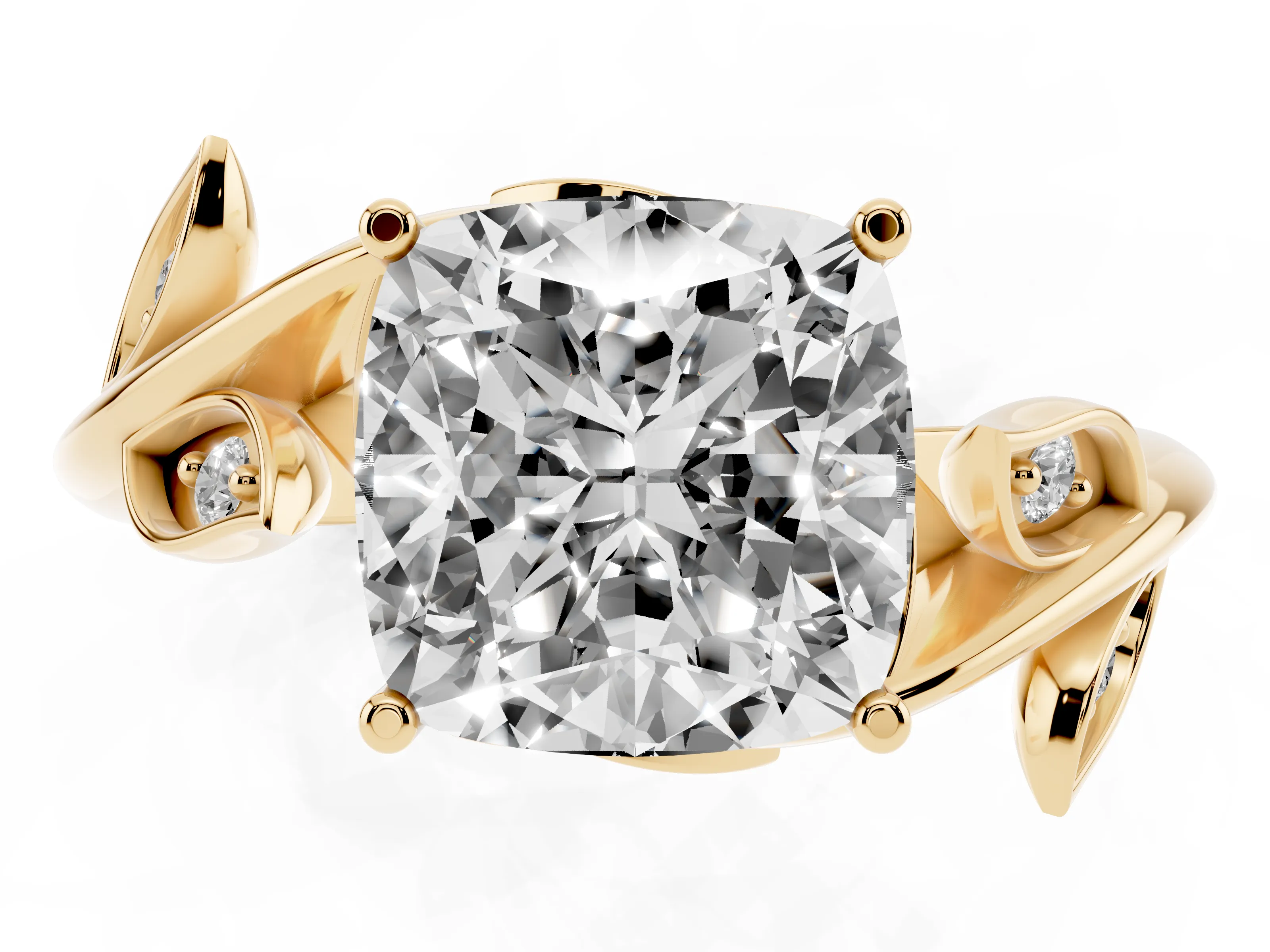 Cushion Cut Diamond Solitaire Twist Engagement Ring Set in Yellow gold with Pavé Leaf Accents