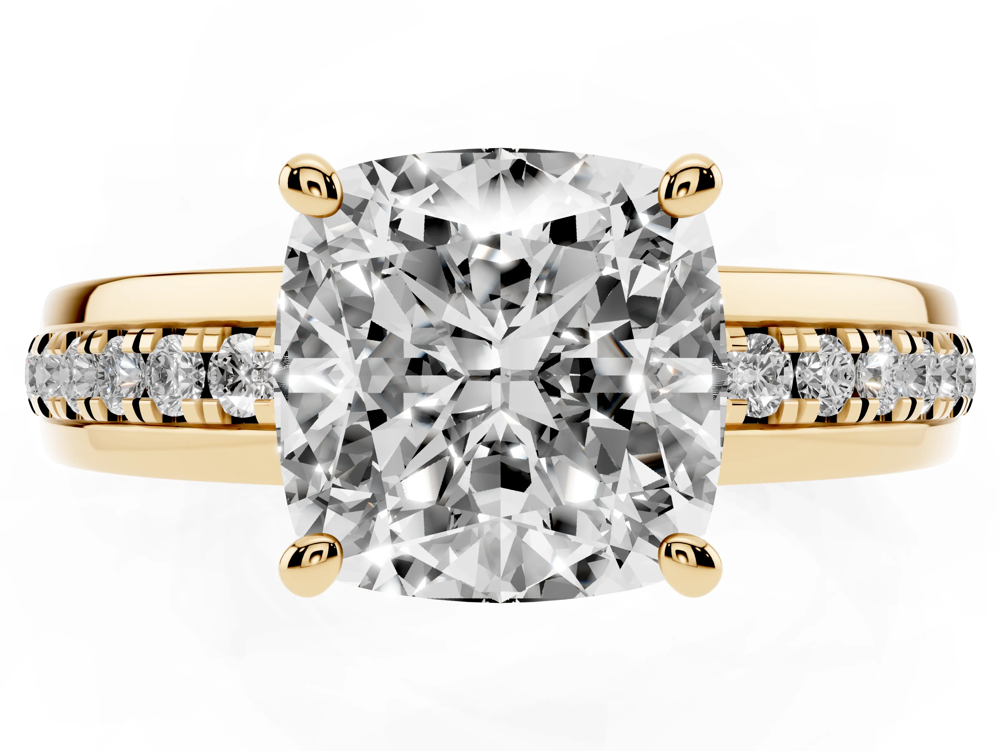 Cushion Cut Diamond Solitaire Ring Set in Yellow gold with Channel Set Band and Prong Setting