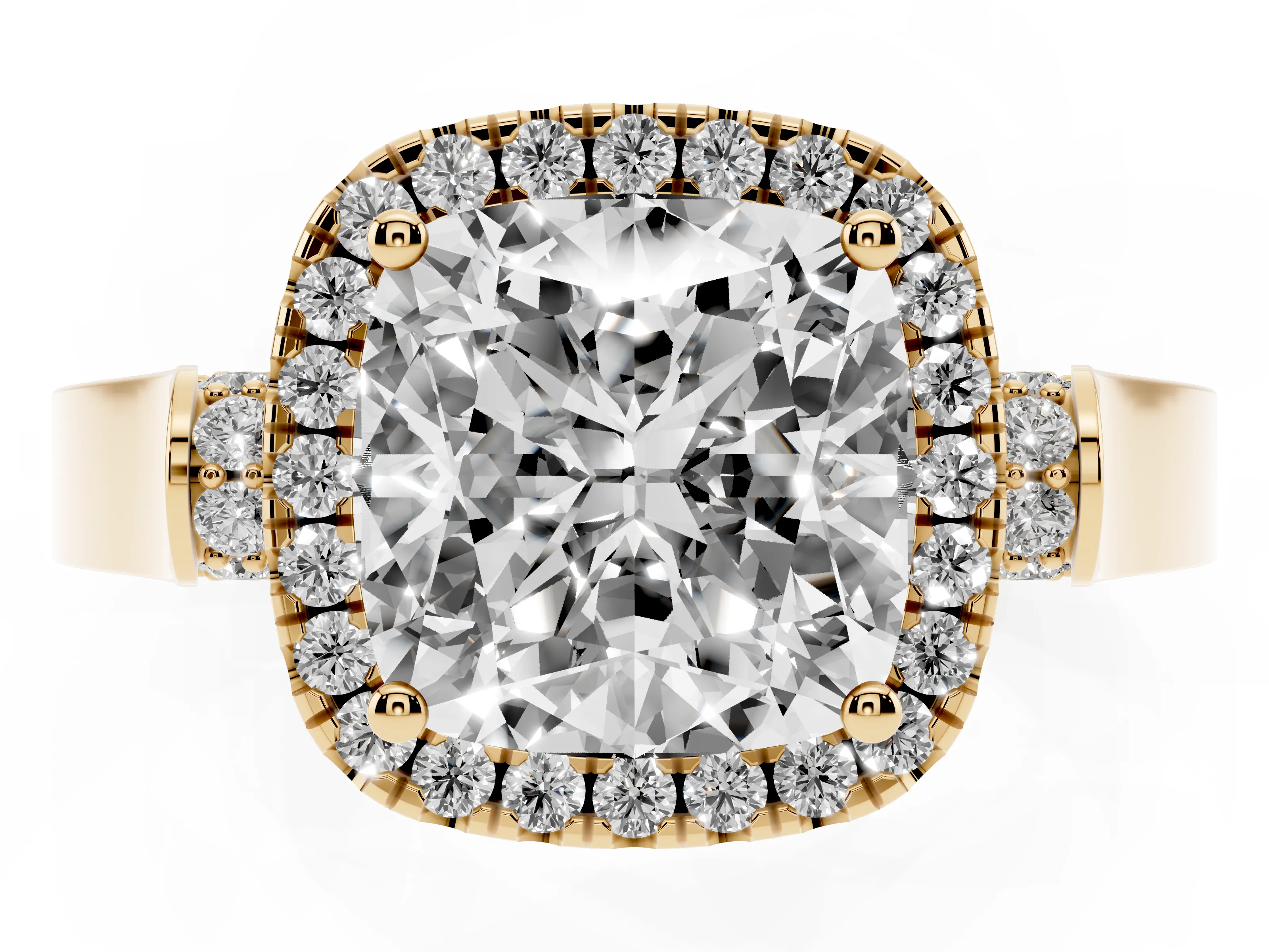 Cushion Cut Diamond Halo Ring Set in Yellow gold with Pavé-Lined Split Shank Band