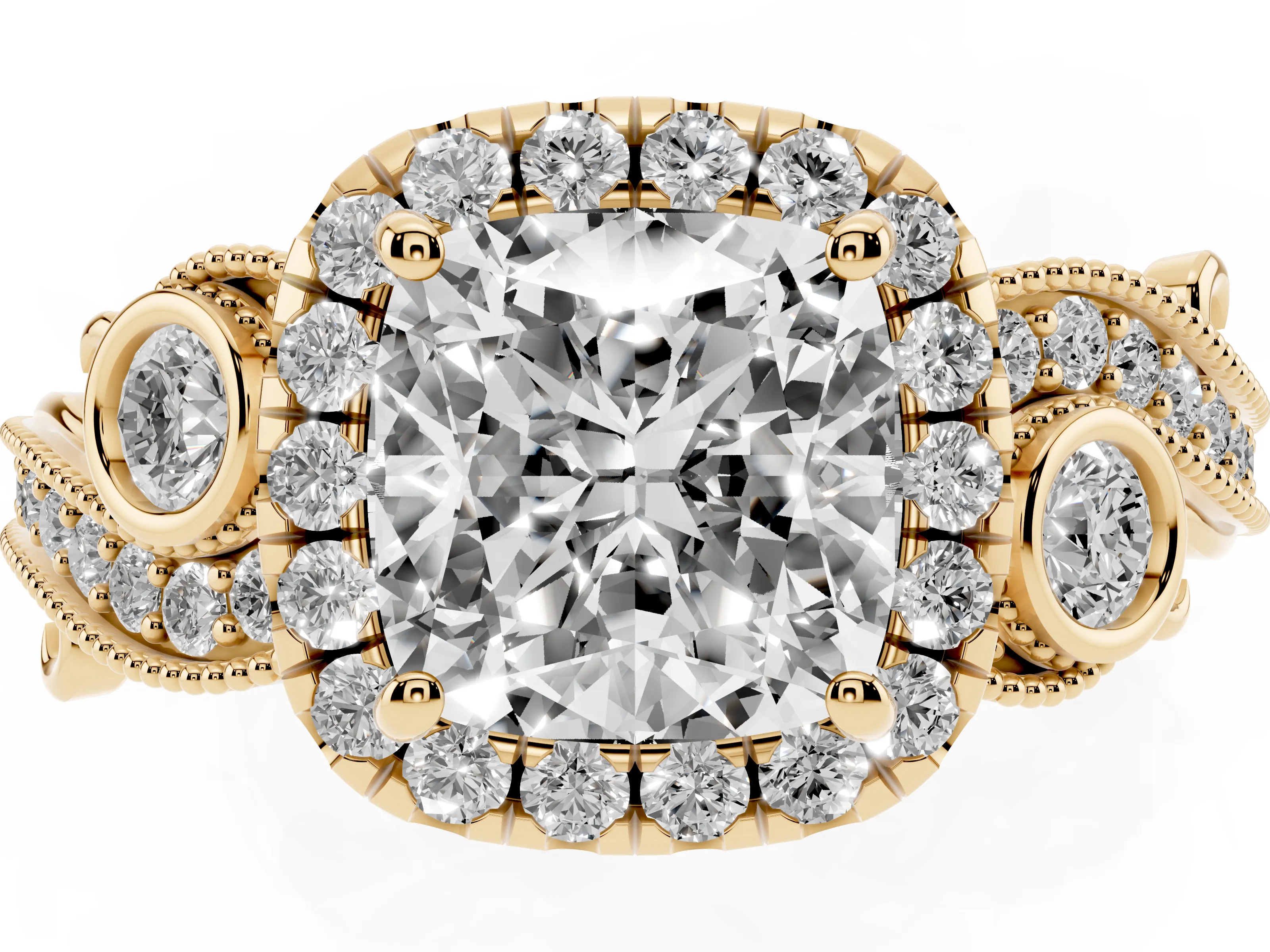 Cushion Cut Diamond Halo Ring Set in Yellow gold with Milgrain Pavé Band and Prong Setting