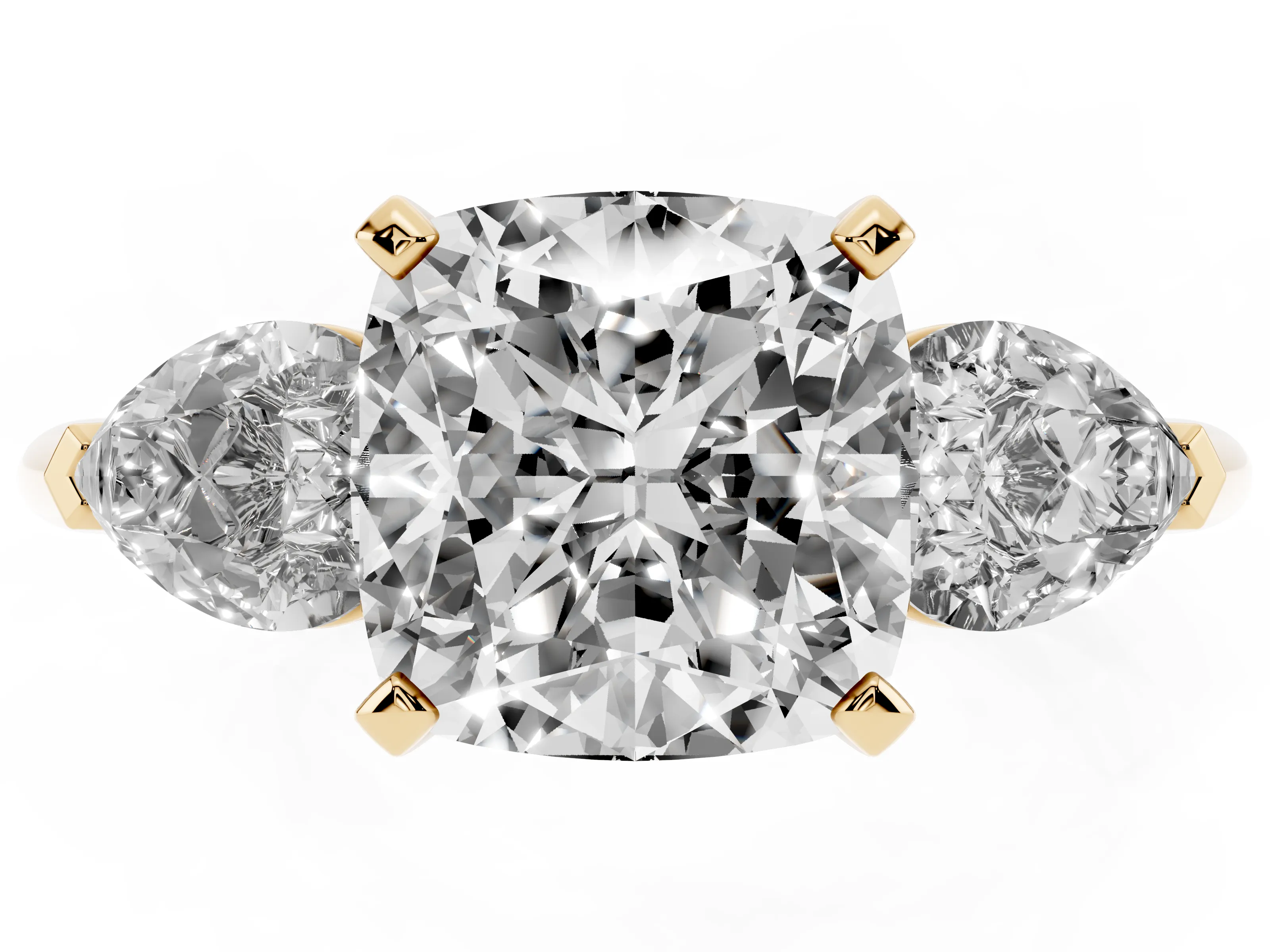 Three-Stone Cushion Cut Diamond Ring Set in Yellow gold with Pear Side Stones and Prong Setting