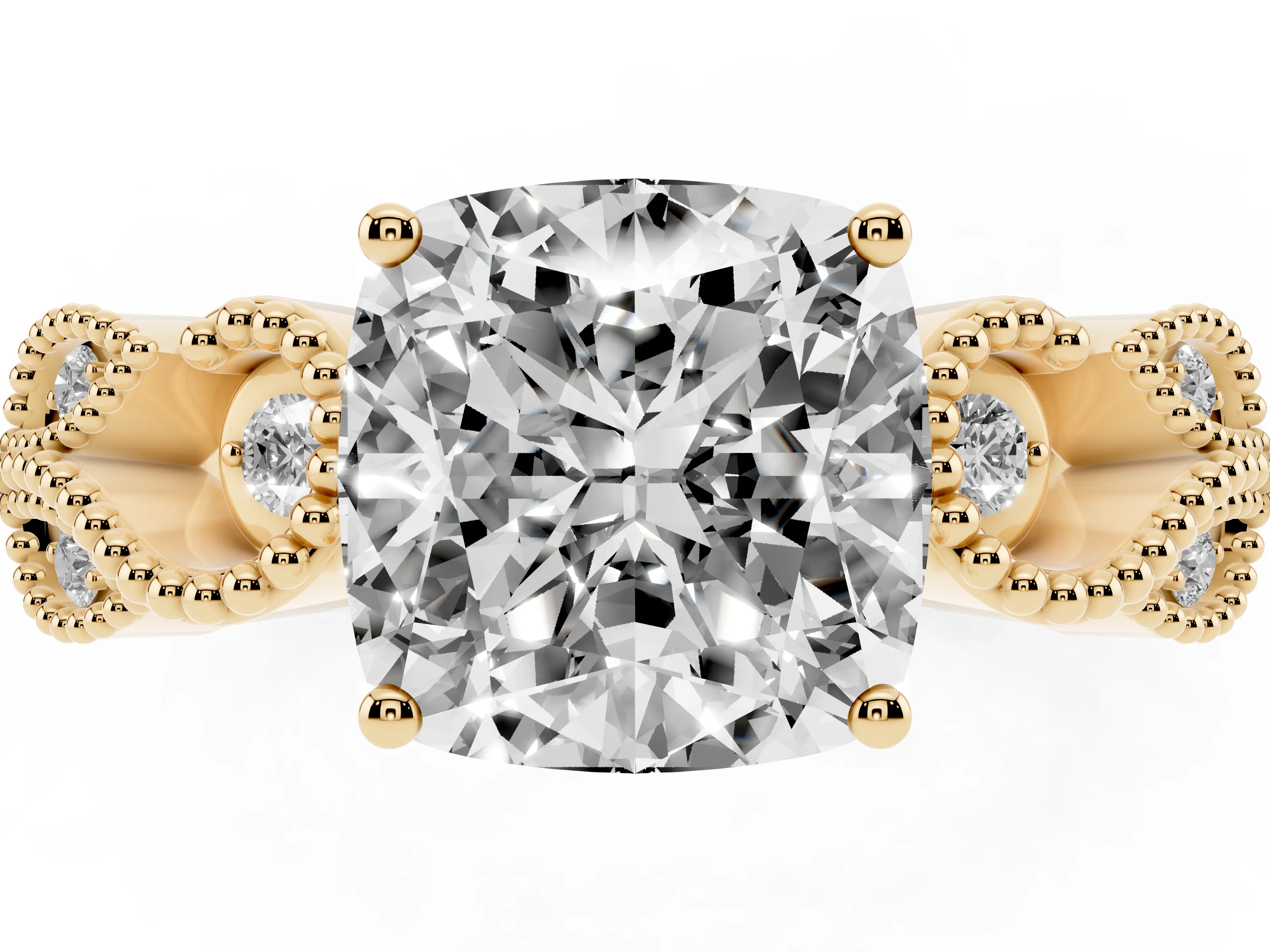 Cushion Cut Diamond Milgrain Leaf Band Solitaire Ring Set in Yellow gold with Accent Stones and Prong Setting