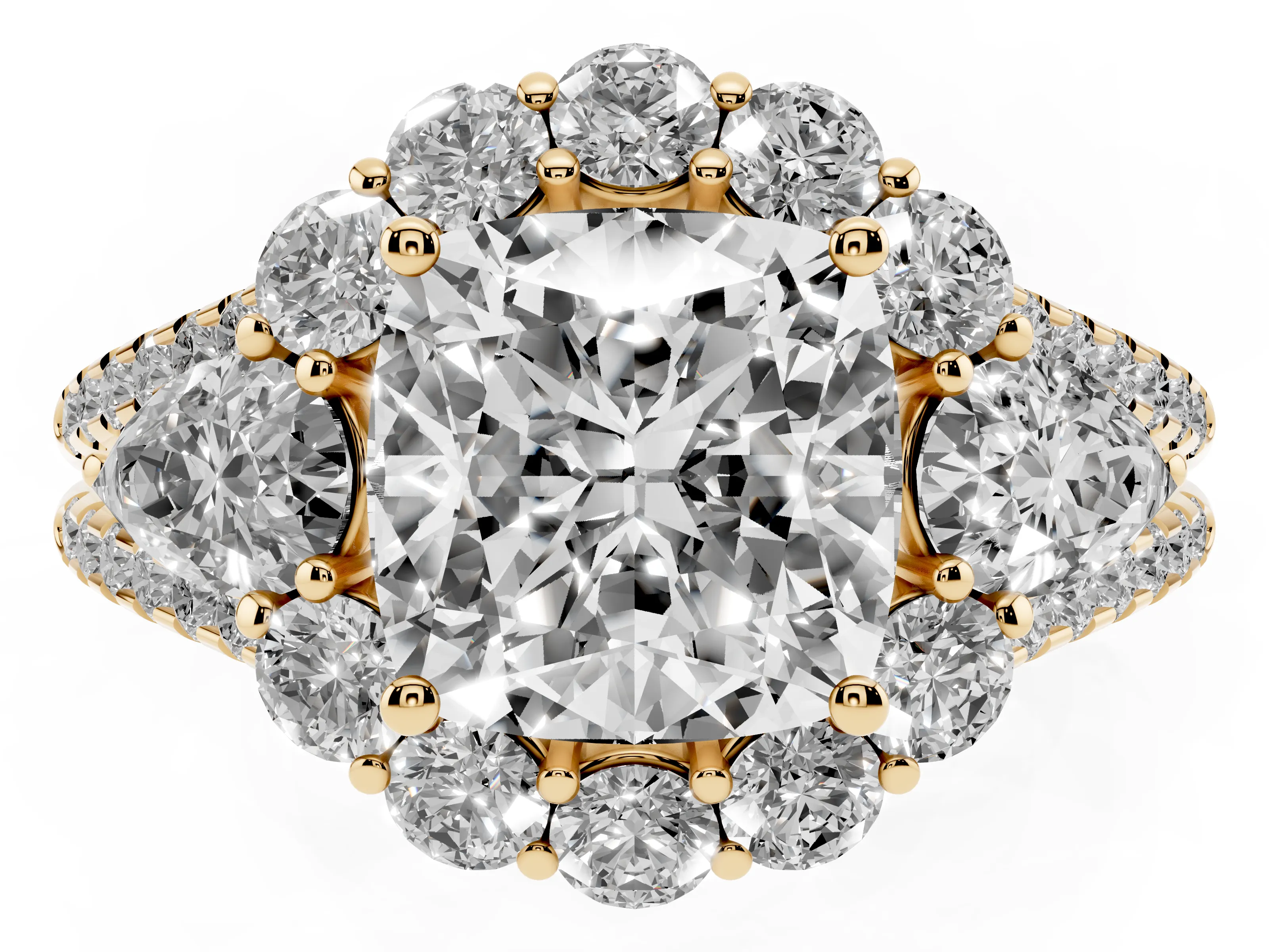 Cushion Cut Diamond Halo Split Shank Engagement Ring Set in Yellow gold with Prong-Held Center Stone