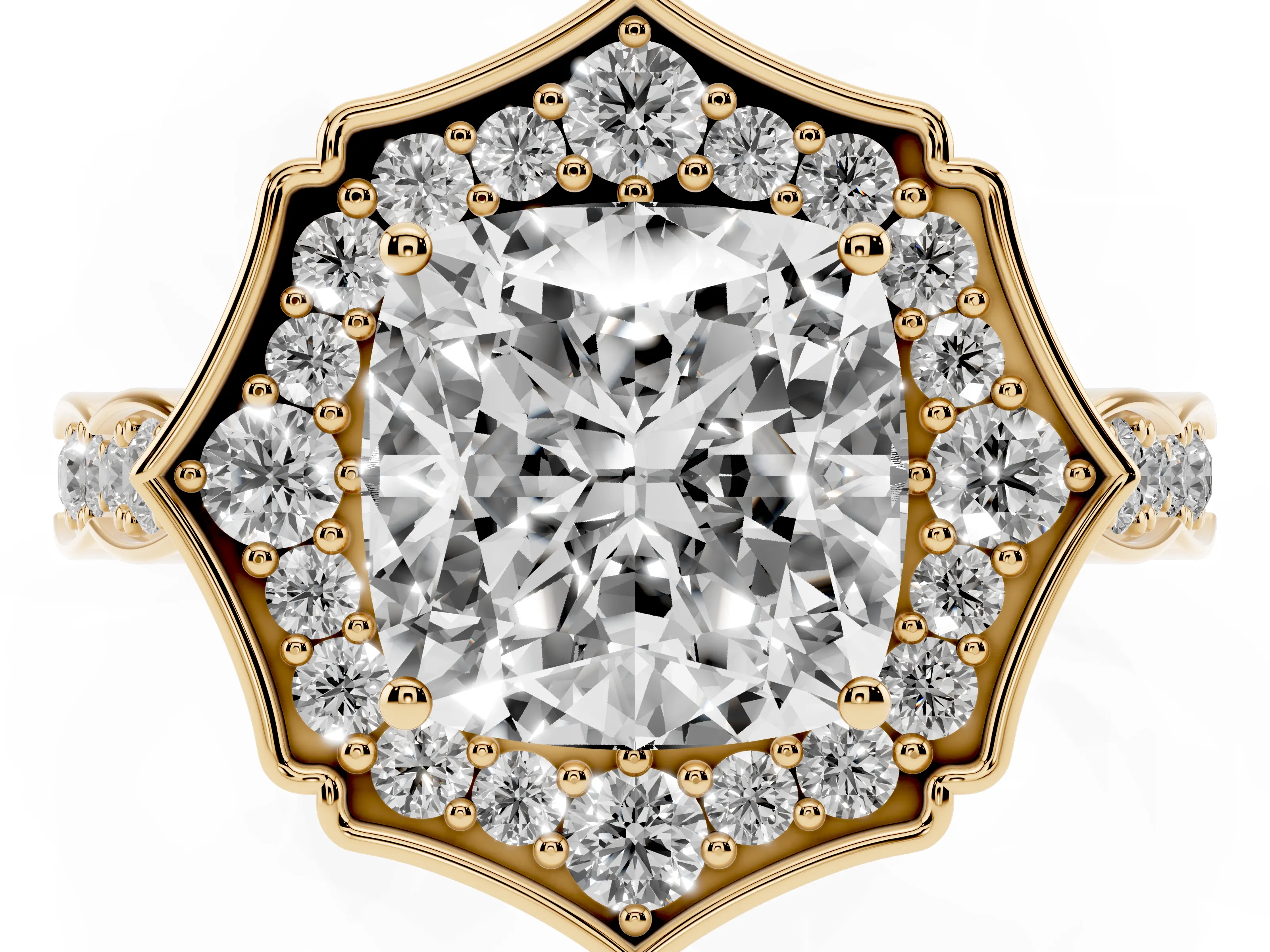 Cushion Cut Diamond Halo Engagement Ring Set in Yellow gold with Milgrain Band and Prong Setting