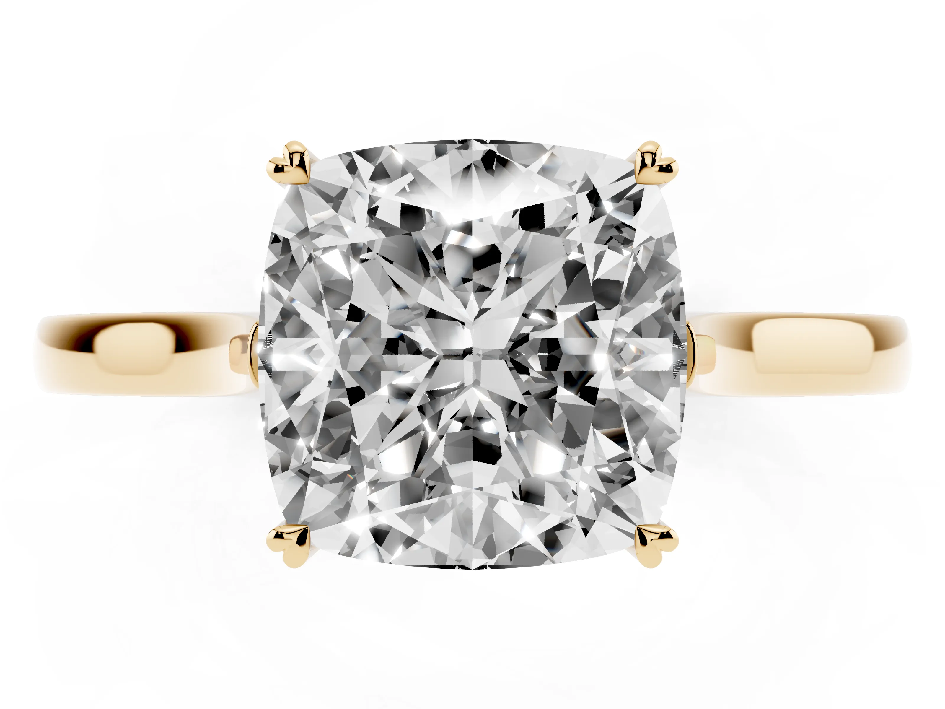 Cushion Cut Diamond Solitaire Heart Prong Engagement Ring Set in Yellow gold with Tapered Band