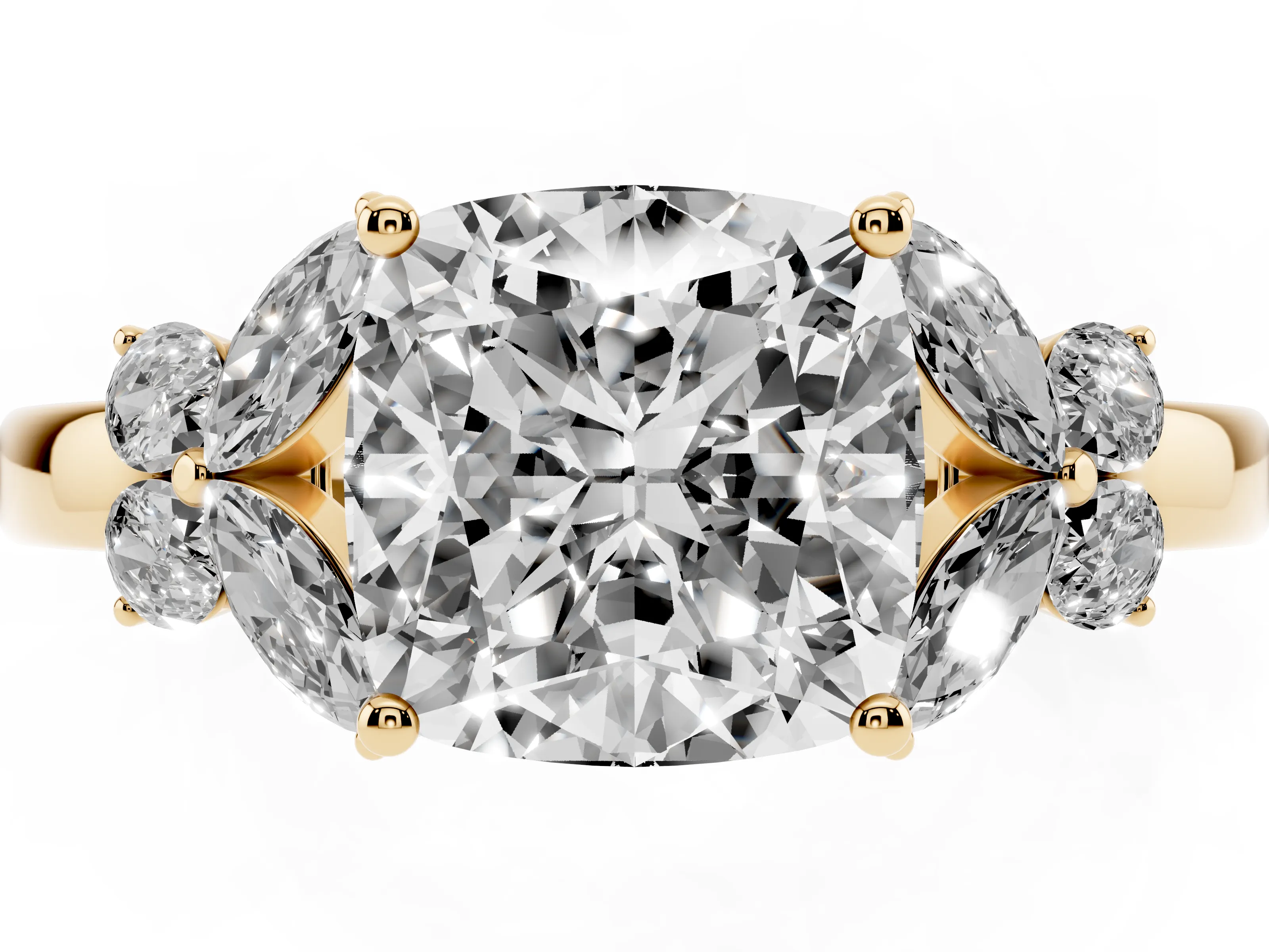 Cushion Cut Diamond Solitaire Floral Ring Set in Yellow gold with Marquise Petals and Prong Setting