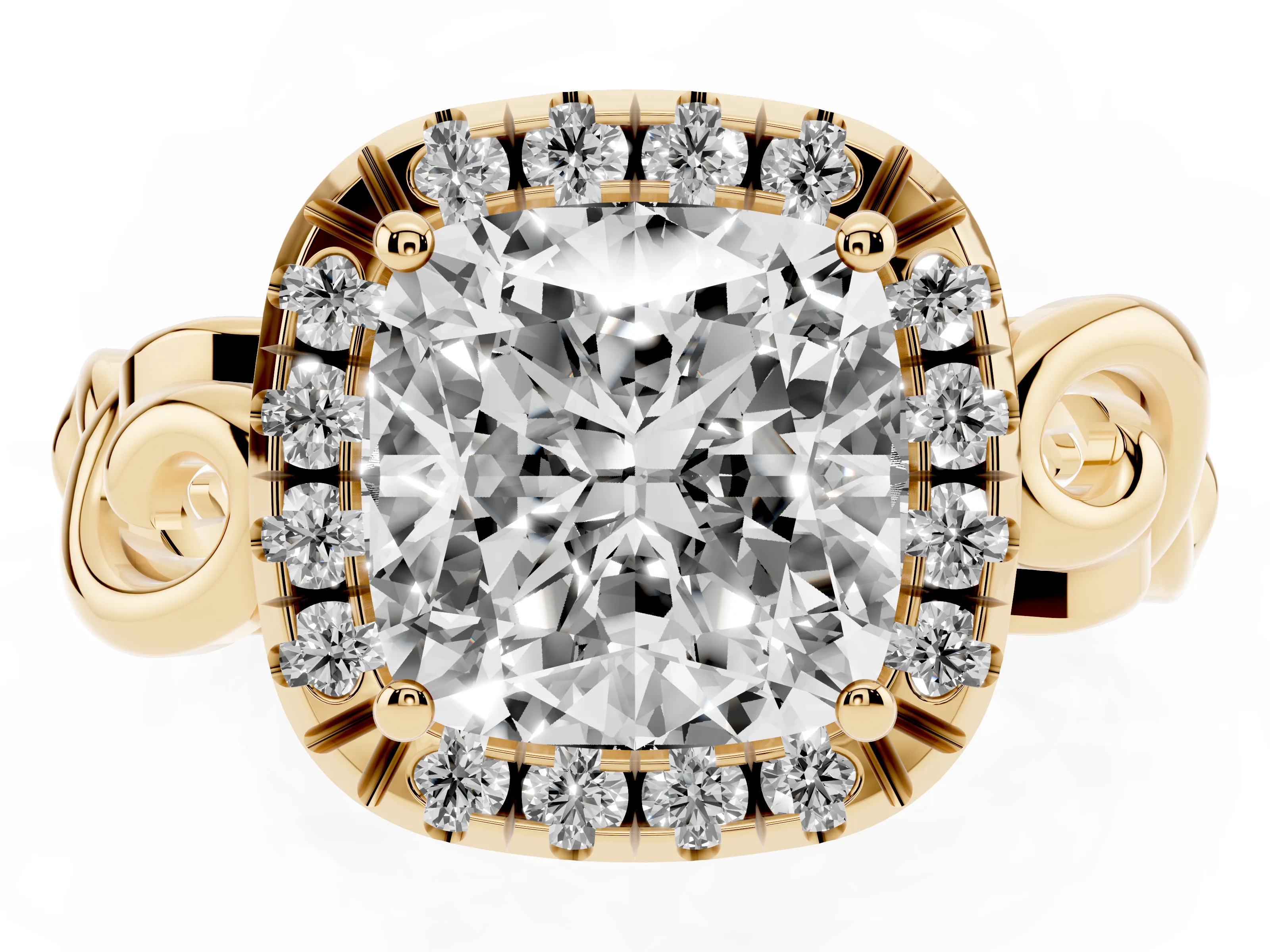 Cushion Cut Diamond Halo Ring Set in Yellow gold with Scrollwork Band and Prong Setting