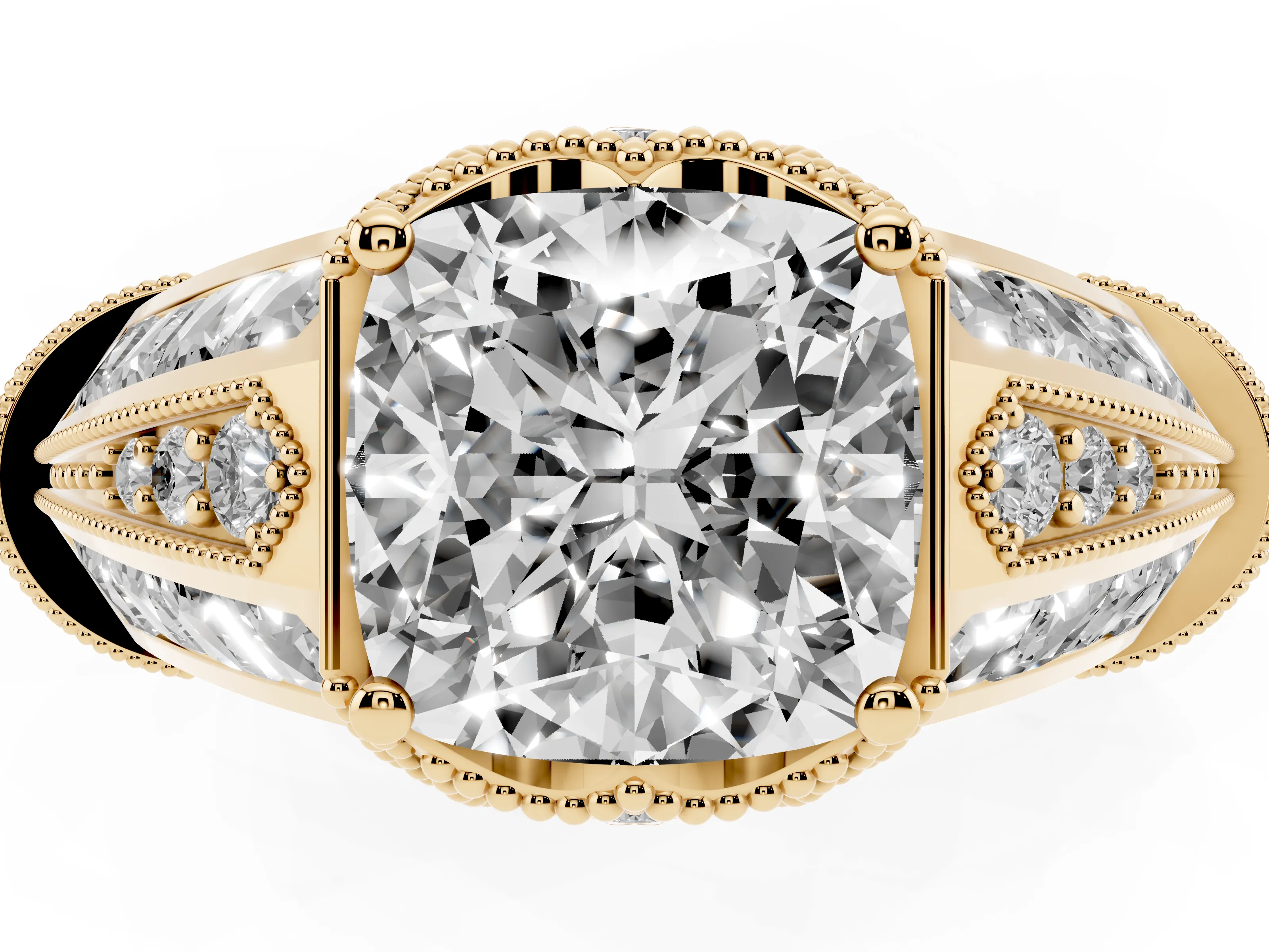 Cushion Cut Diamond Vintage-Inspired Milgrain Ring Set in Yellow gold with Accent Split Shank