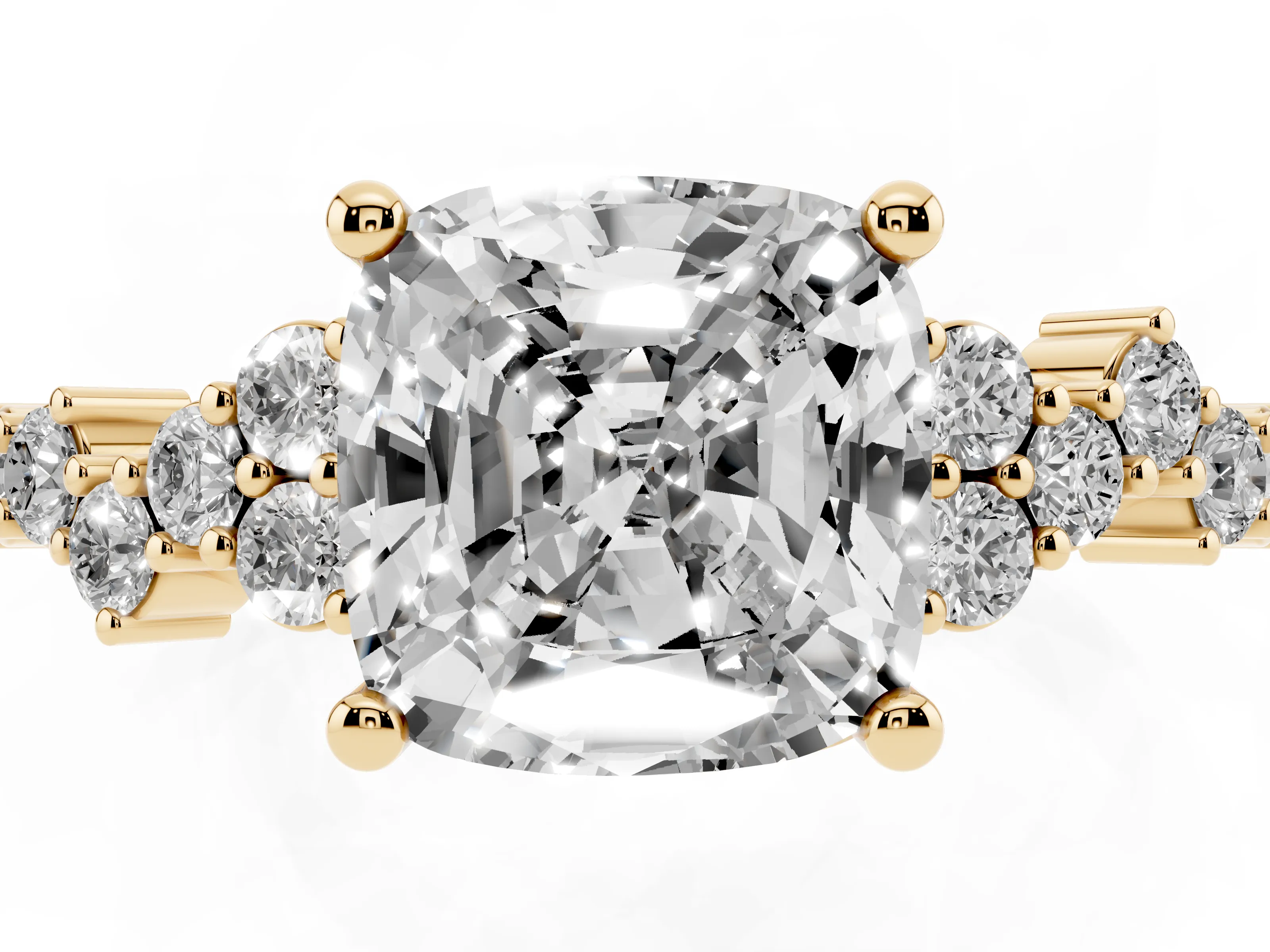 Cushion Cut Diamond Ring Set in Yellow gold with Scattered Round Accents