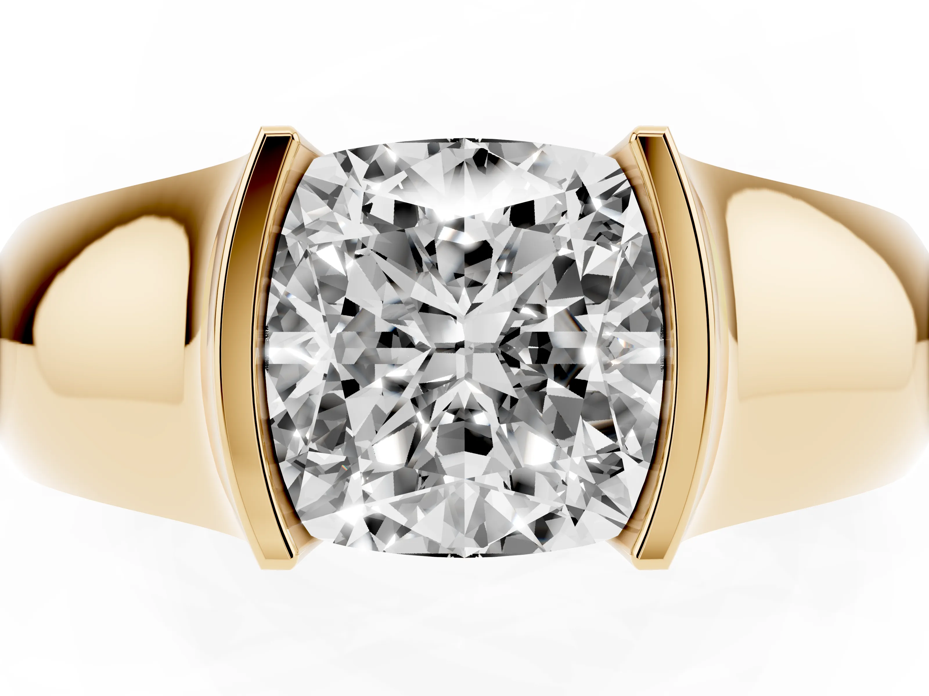 Cushion Cut Diamond Bezel Solitaire Ring Set in Yellow gold with Wide Band