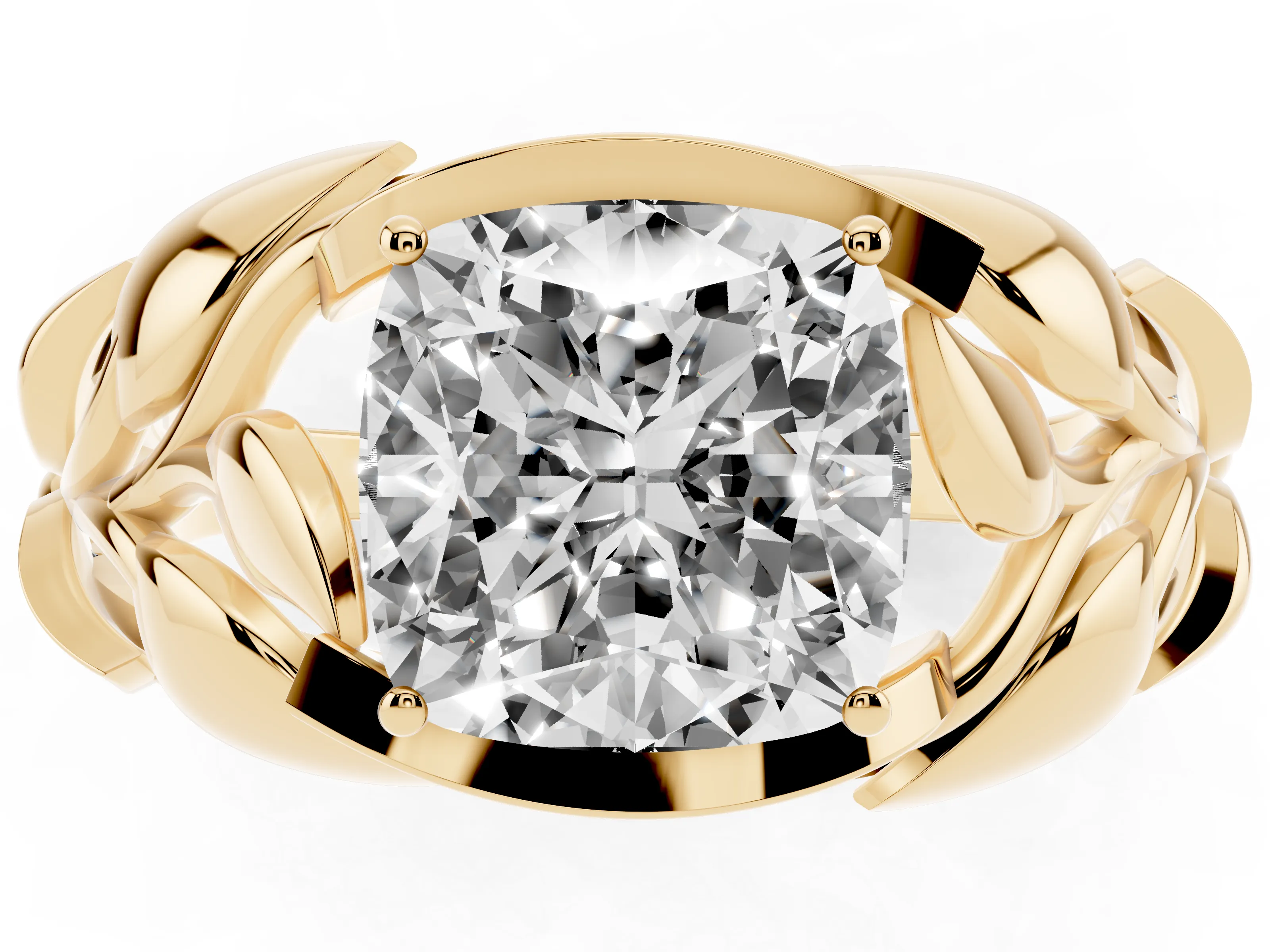 Cushion Cut Diamond Leaf-Inspired Engagement Ring Set in Yellow gold with Round Accents