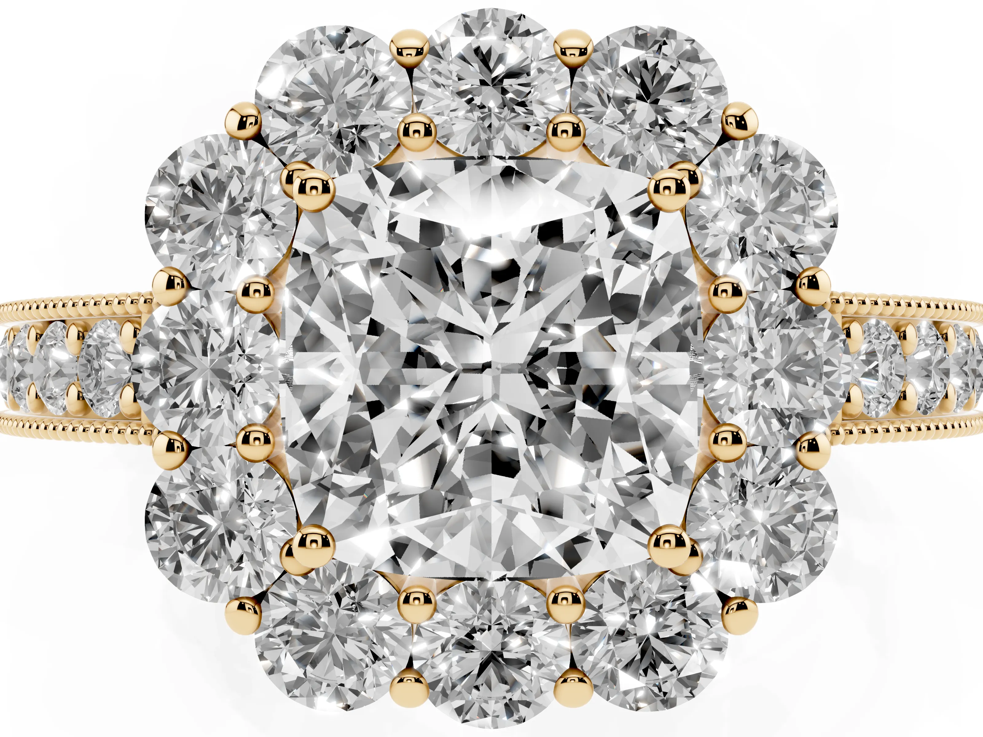 Cushion Cut Diamond Halo Pavé Engagement Ring Set in Yellow gold with Milgrain Detailing
