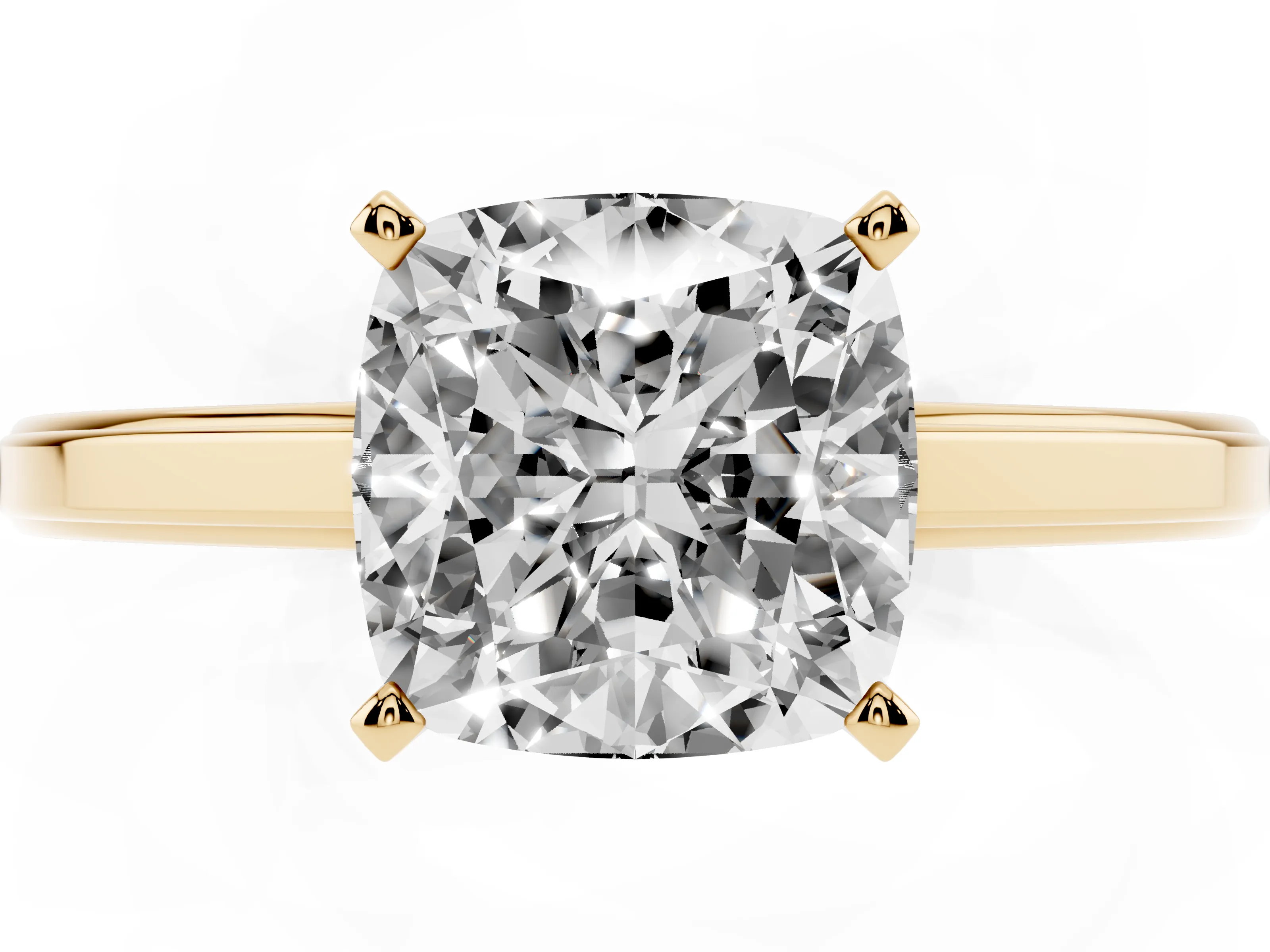 Cushion Cut Diamond Solitaire Ring Set in Yellow gold with Prong Setting and Classic Band