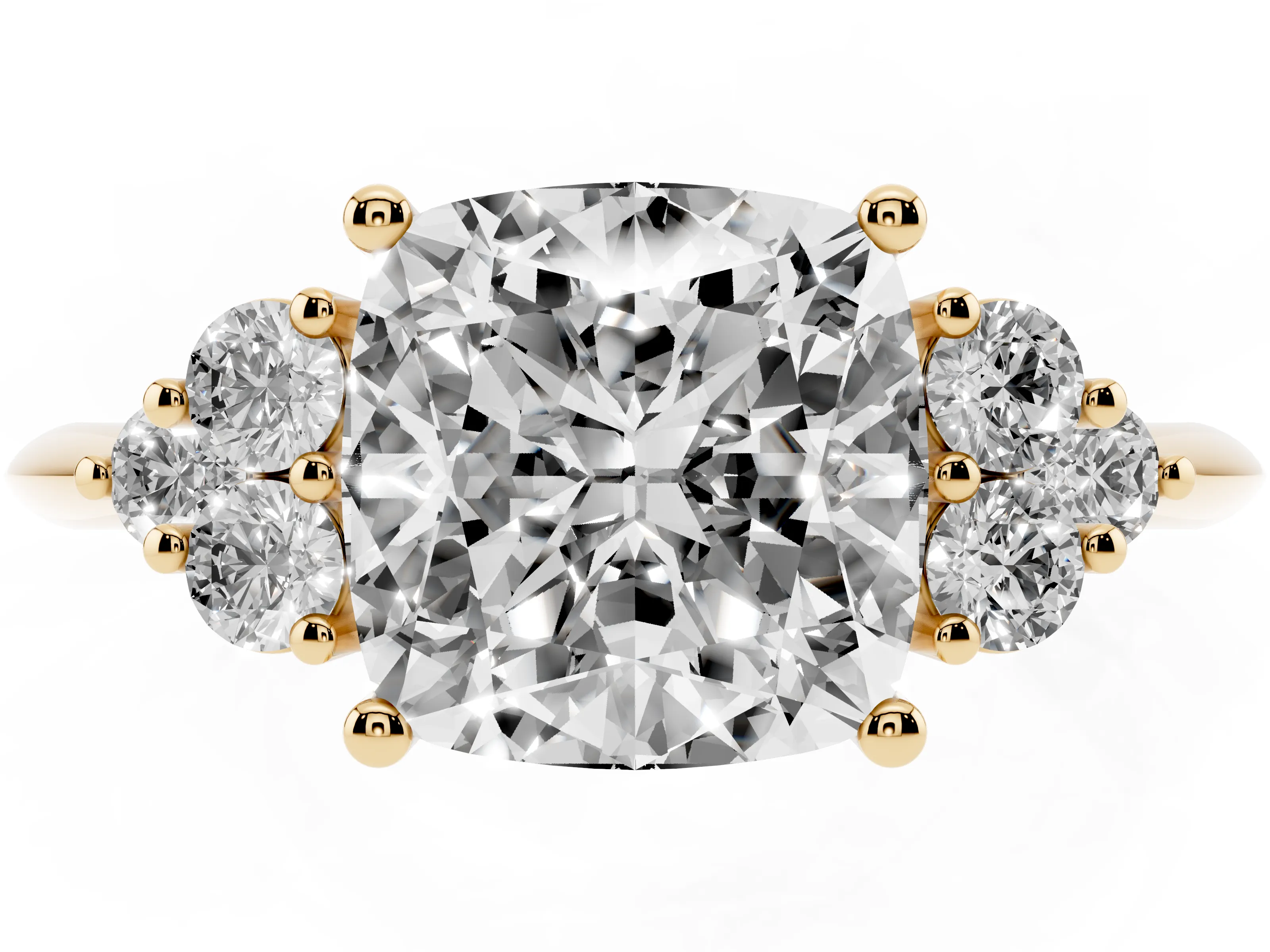 Cushion Cut Diamond Cluster Ring Set in Yellow gold with Plain Band and Prong Setting