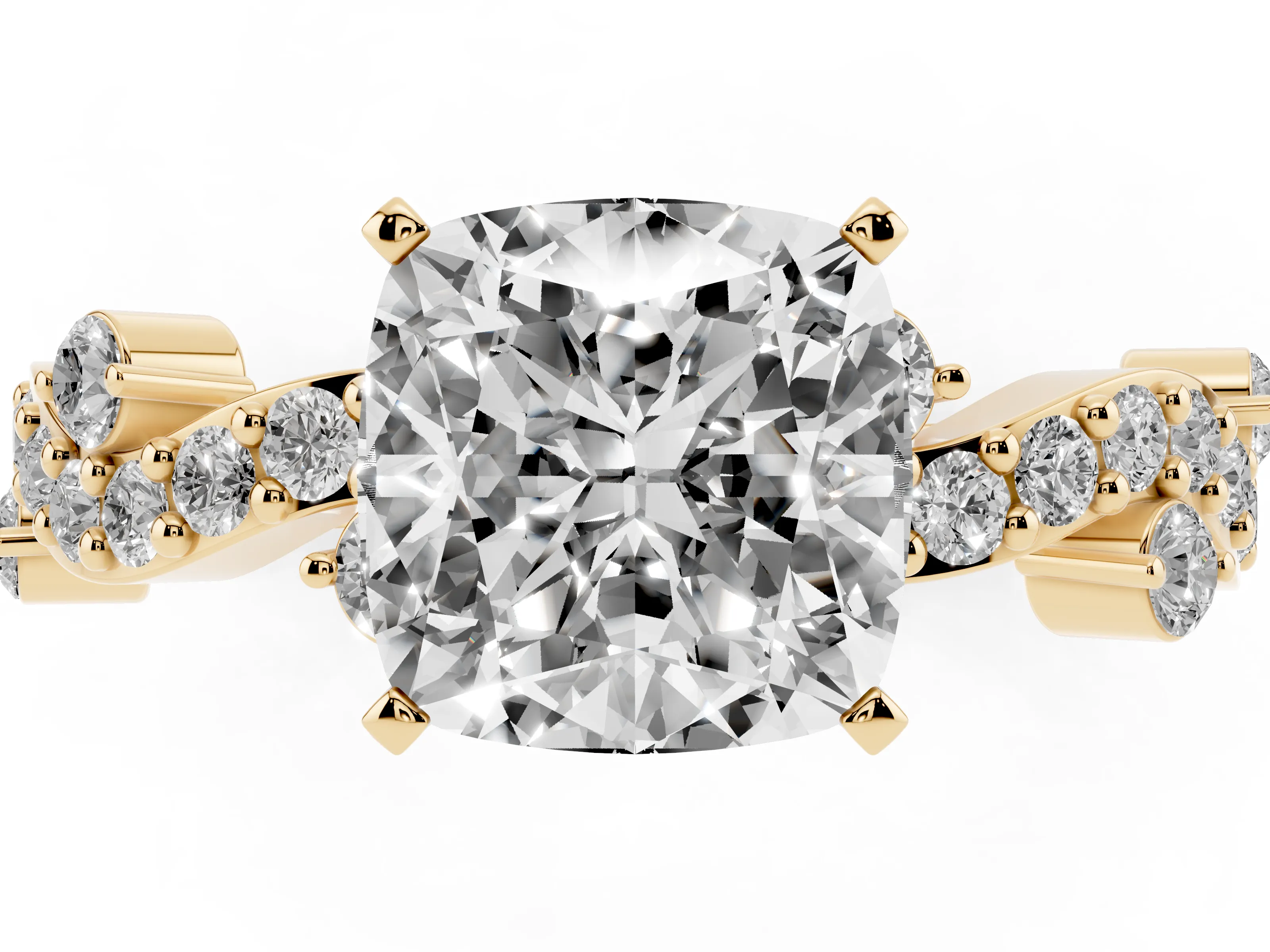 Cushion Cut Twisted Pavé Solitaire Engagement Ring Setting | Bar Stations | Yellow Gold