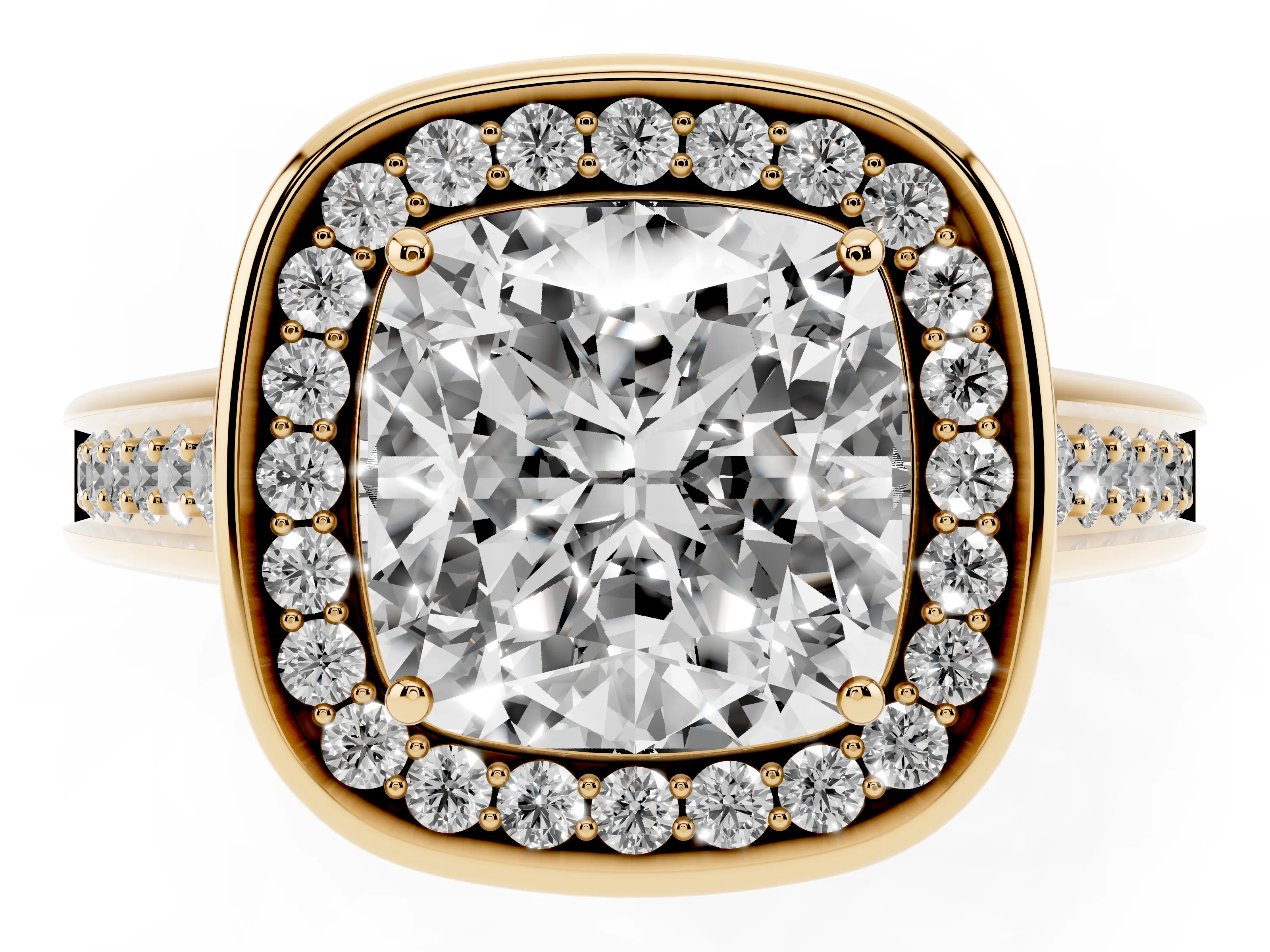 Cushion Cut Diamond Halo Solitaire Ring Set in Yellow gold with Pavé Band and Bezel Setting