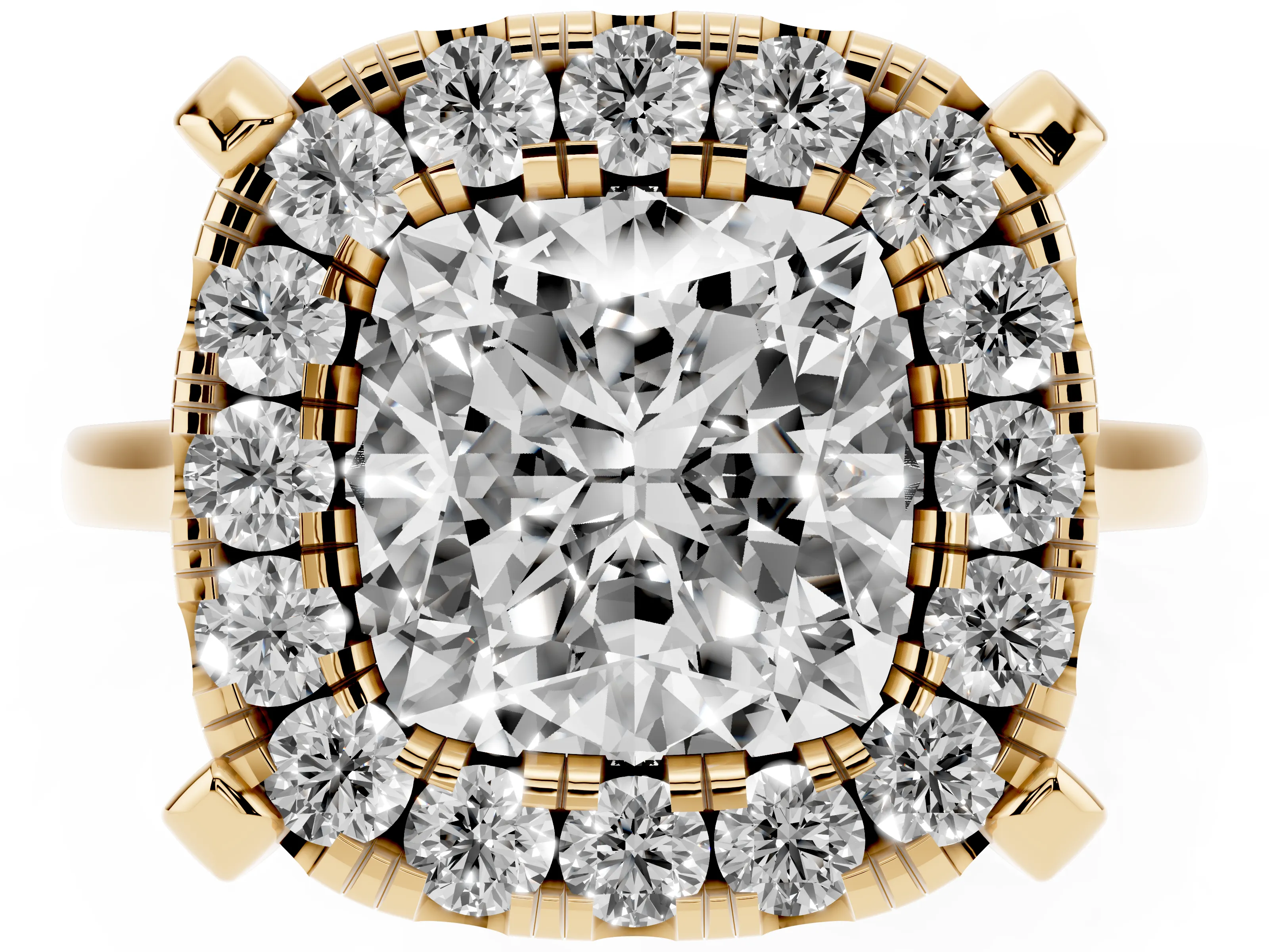 Cushion Cut Diamond Cluster Halo Solitaire Ring Set in Yellow gold with Prong Setting