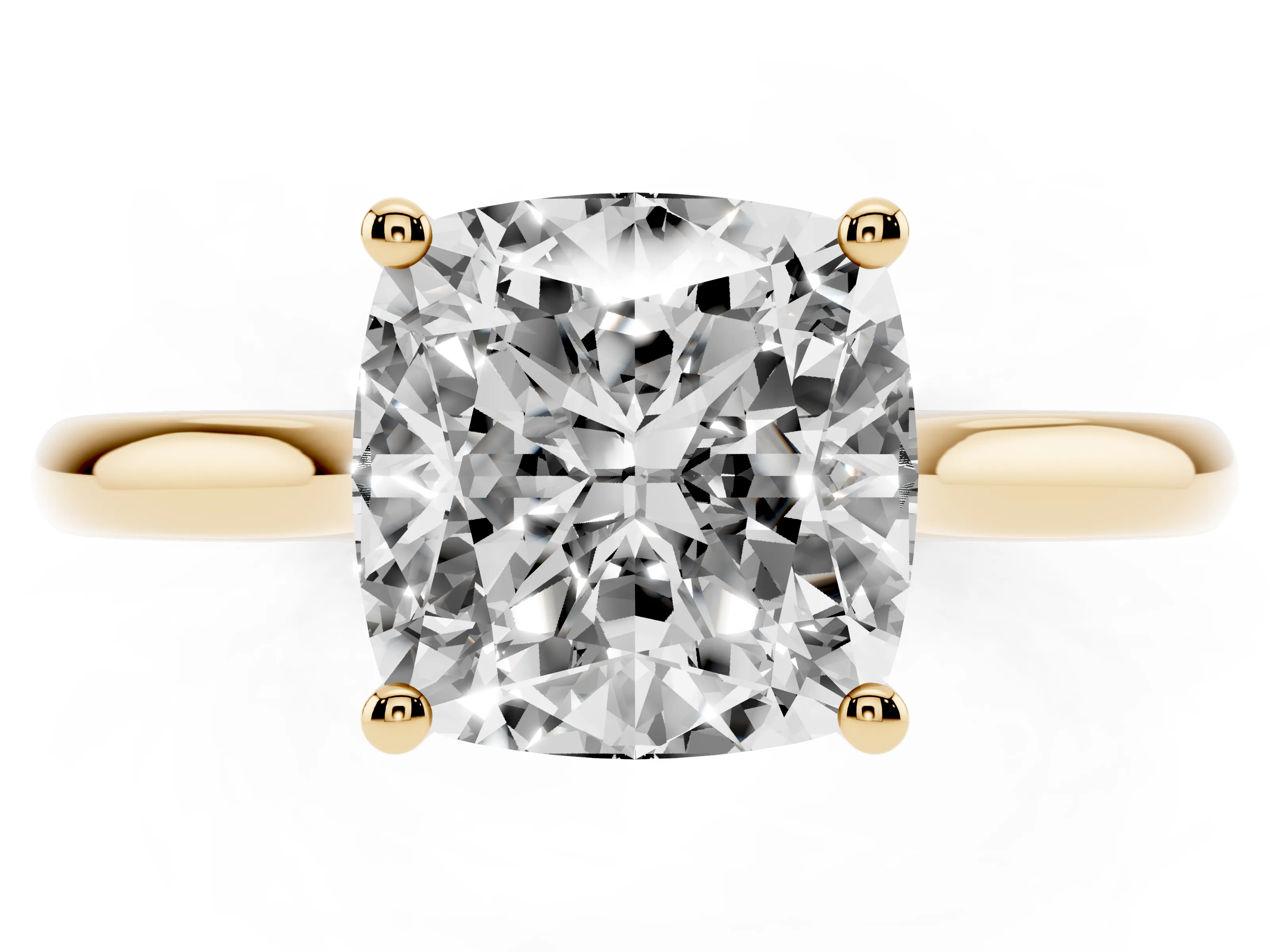 Cushion Cut Diamond Solitaire Ring Set in Yellow gold with Cathedral Band and Prong Setting