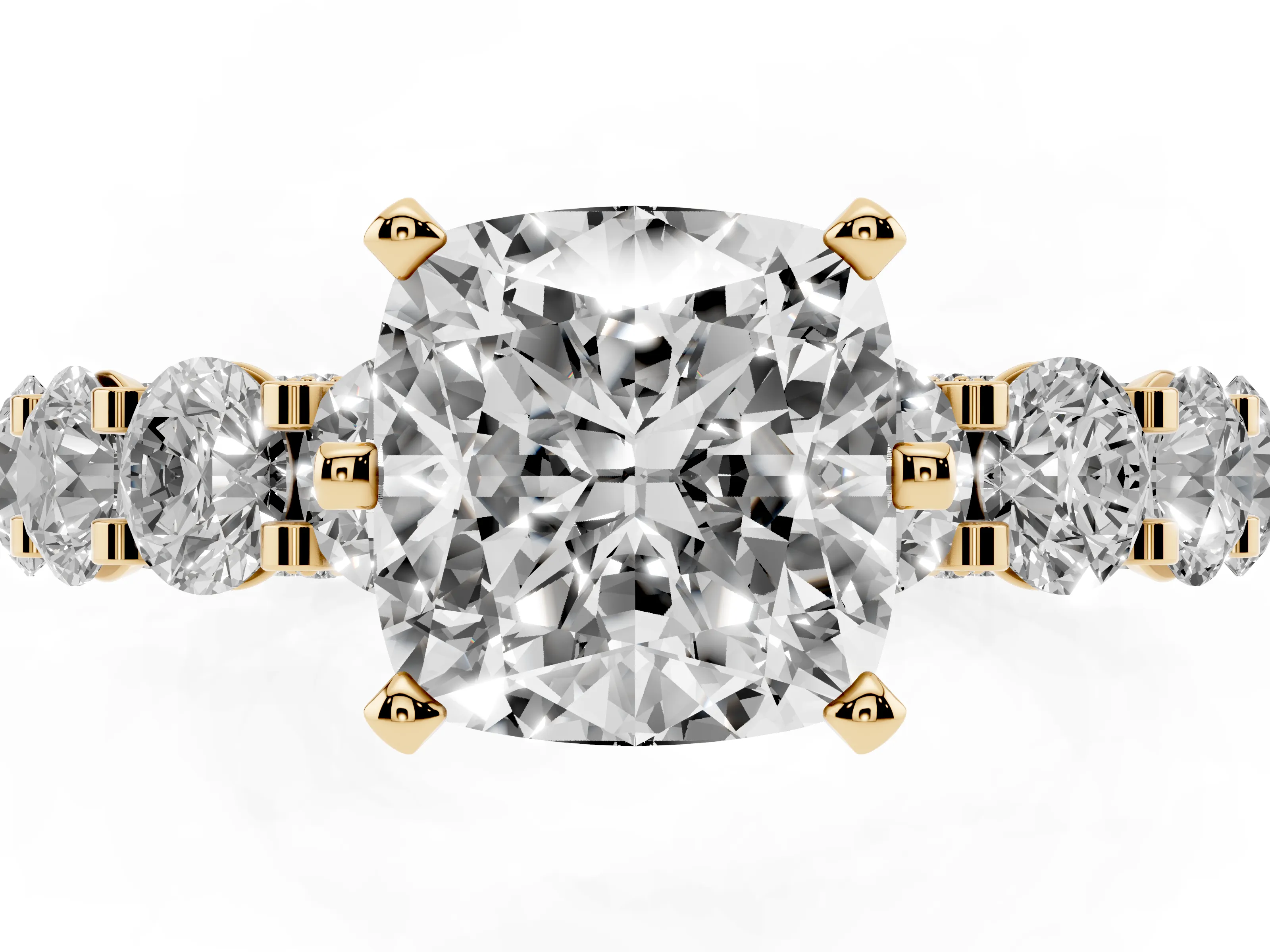 Cushion Cut Diamond Side Stone Ring Set in Yellow gold with Alternating Round and Oval Side Stones