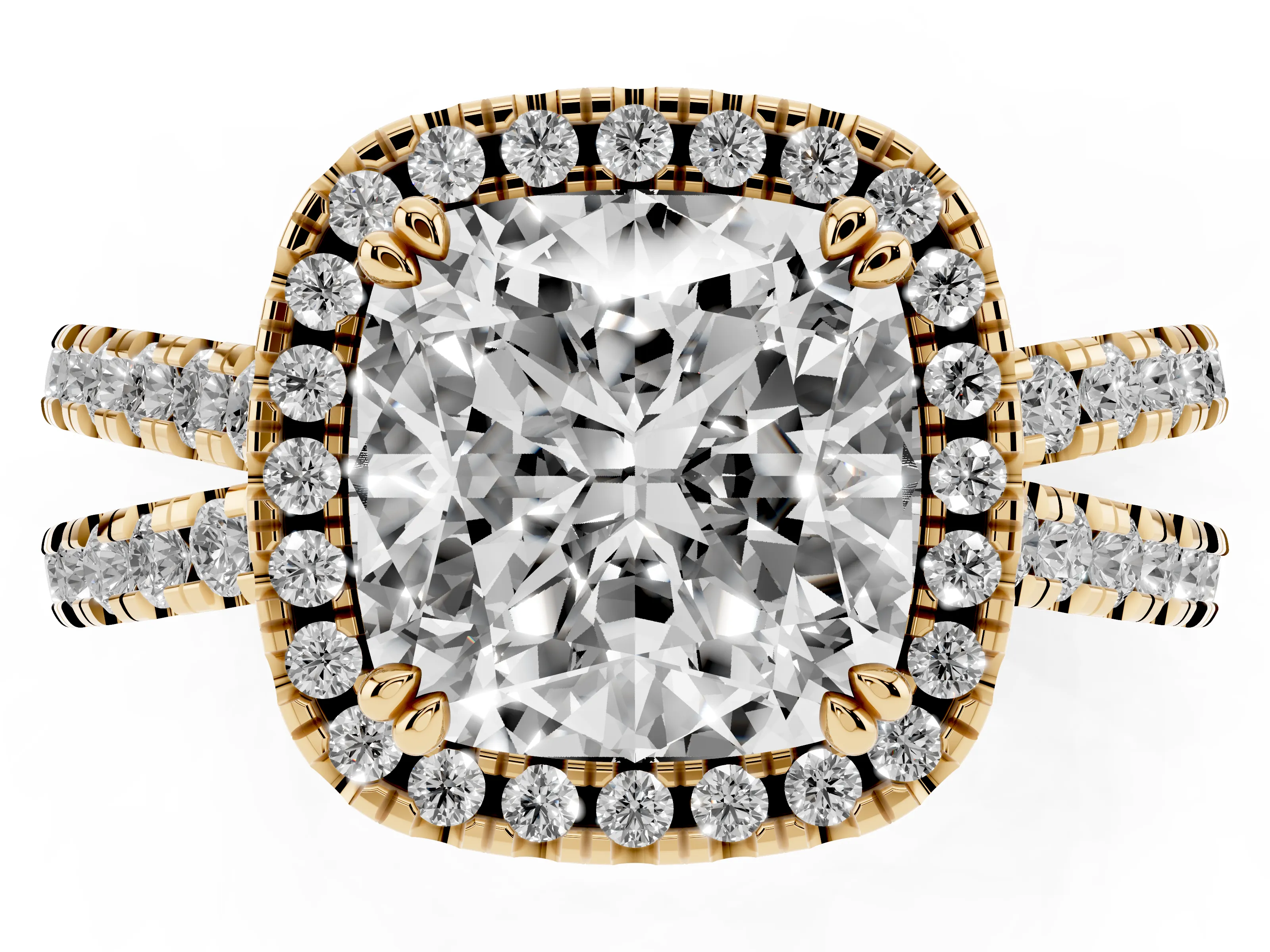Cushion Cut Diamond Halo Split Shank Ring Set in Yellow gold with Pavé Setting