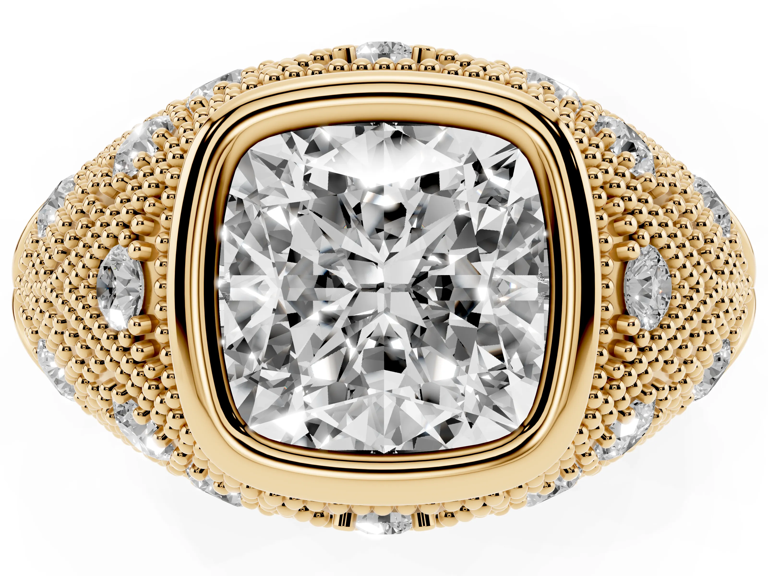Cushion Cut Diamond Bezel Ring Set in Yellow gold with Milgrain Accent Band