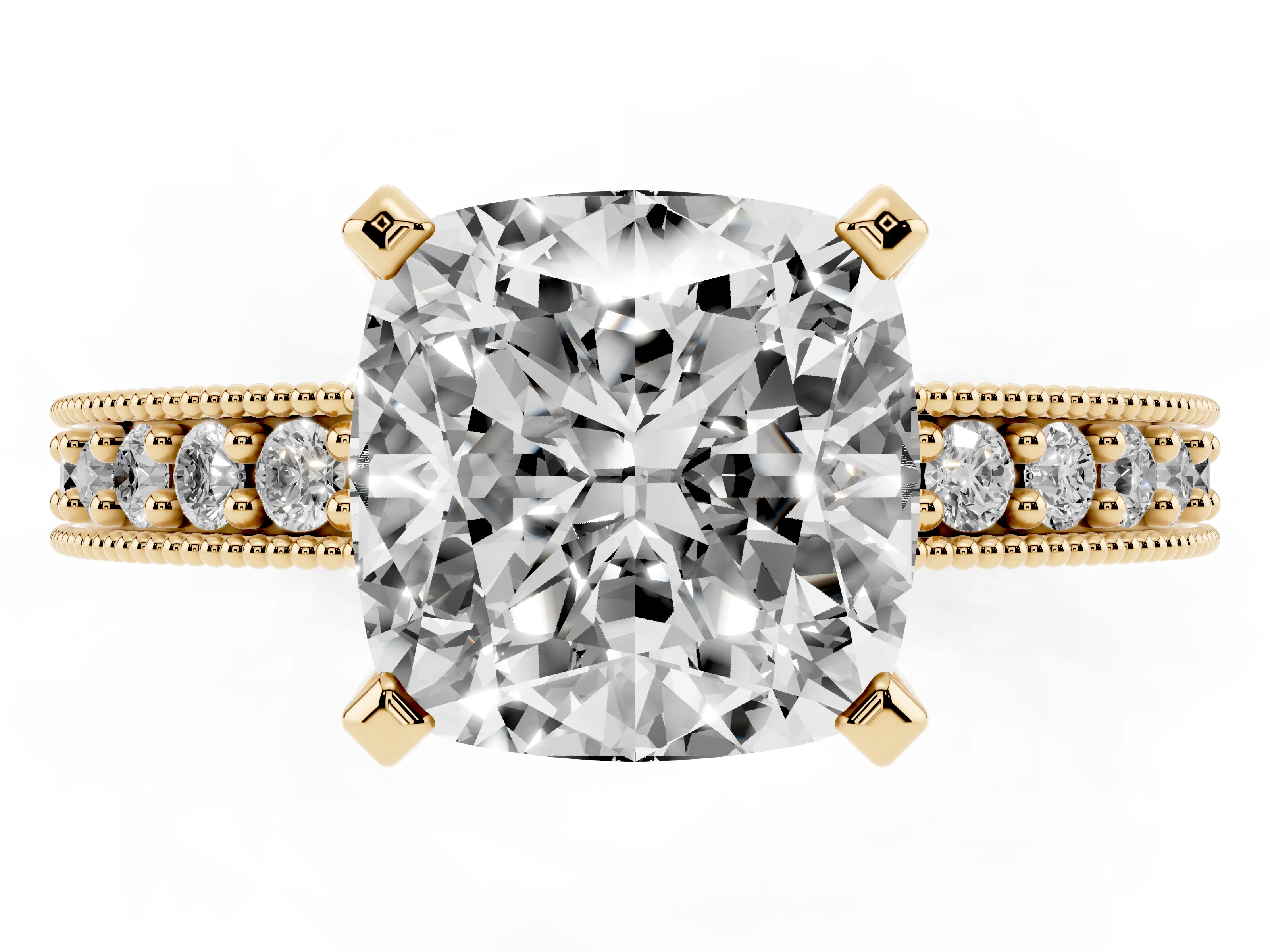 Cushion Cut Diamond Milgrain Pavé Engagement Ring Set in Yellow gold with Prong Setting