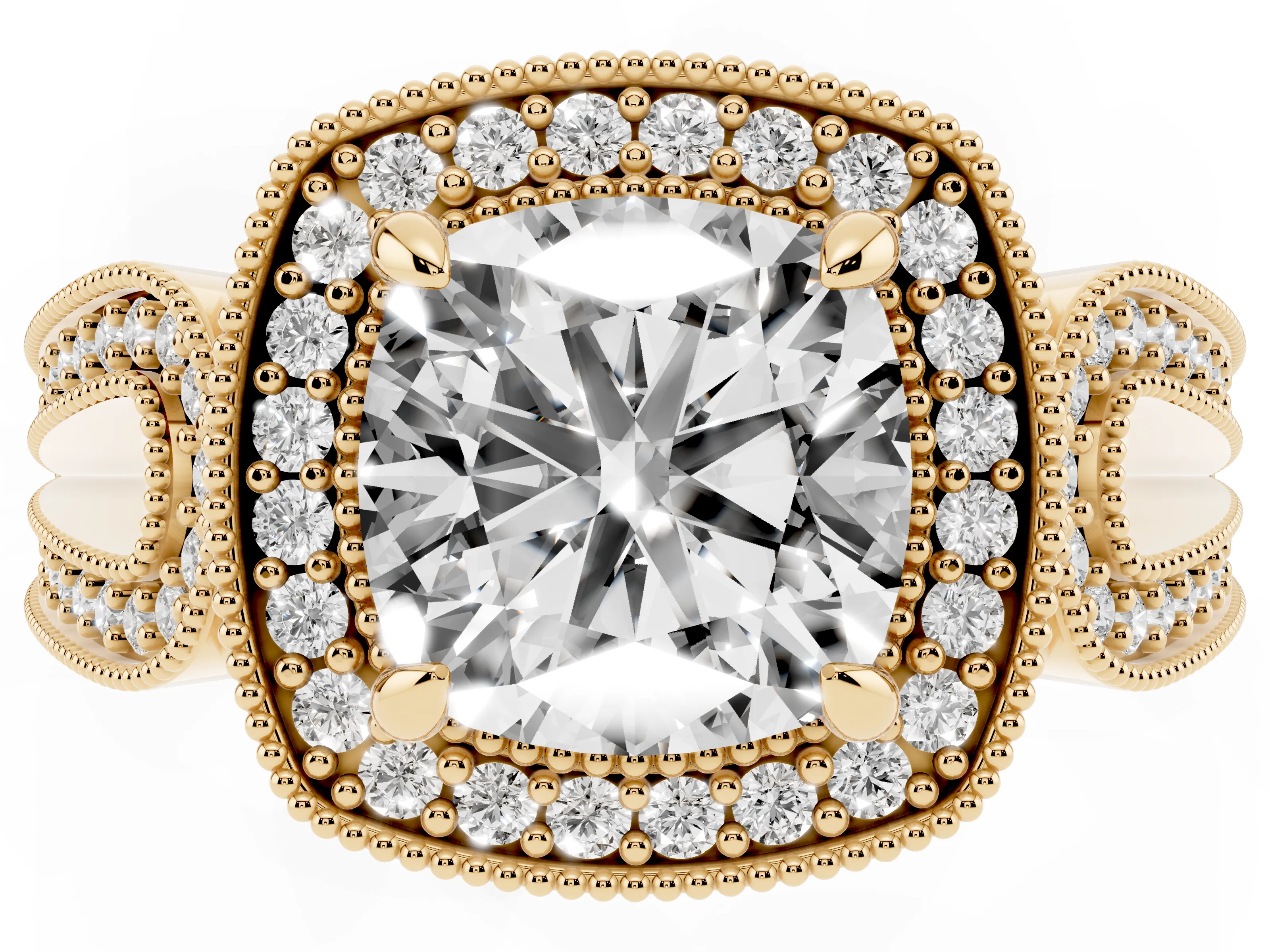 Cushion Cut Diamond Halo Ring Set in Yellow gold with Milgrain Accent Split Shank