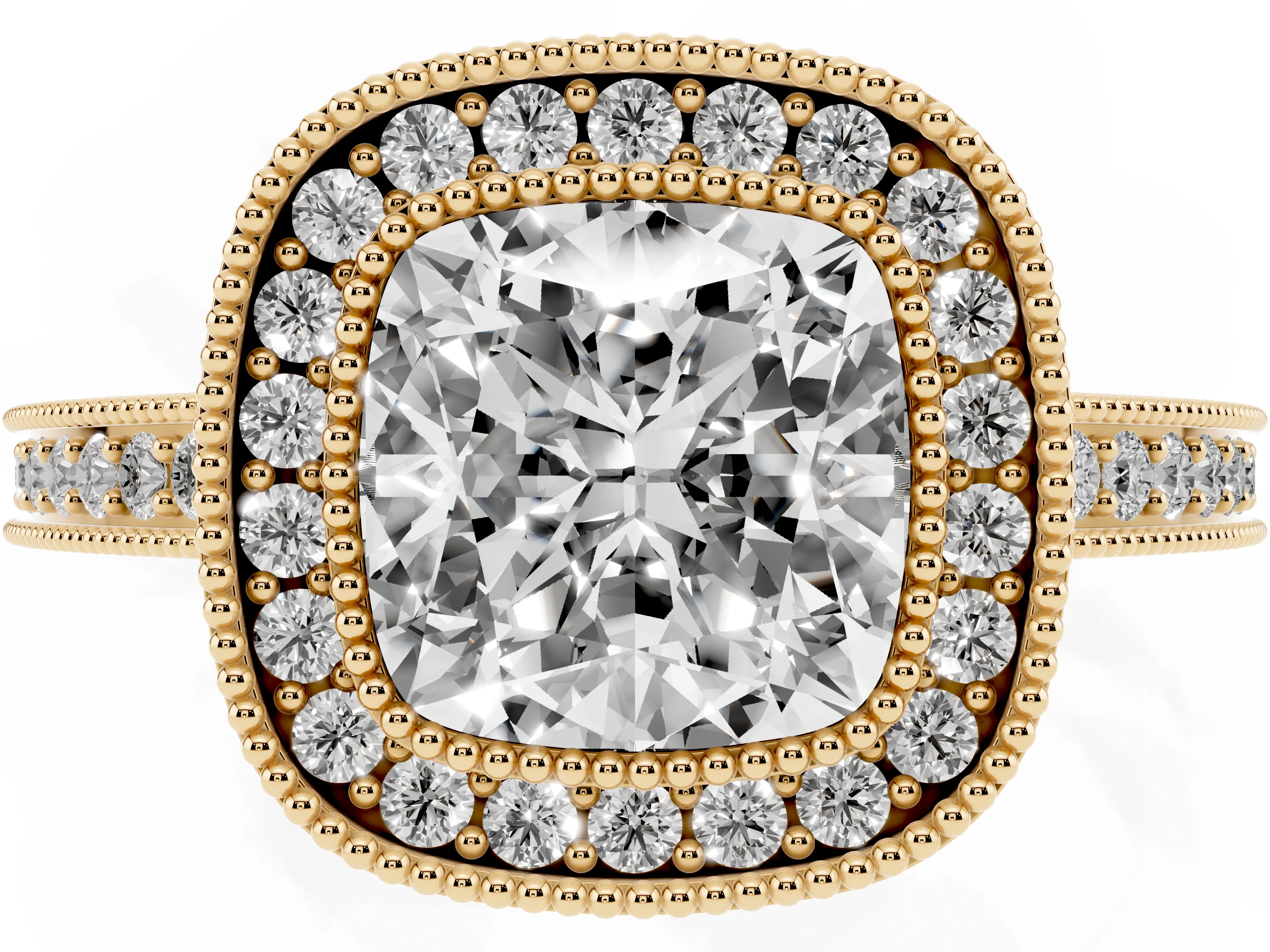 Cushion Cut Diamond Round Halo Ring Set in Yellow gold with Pavé Band