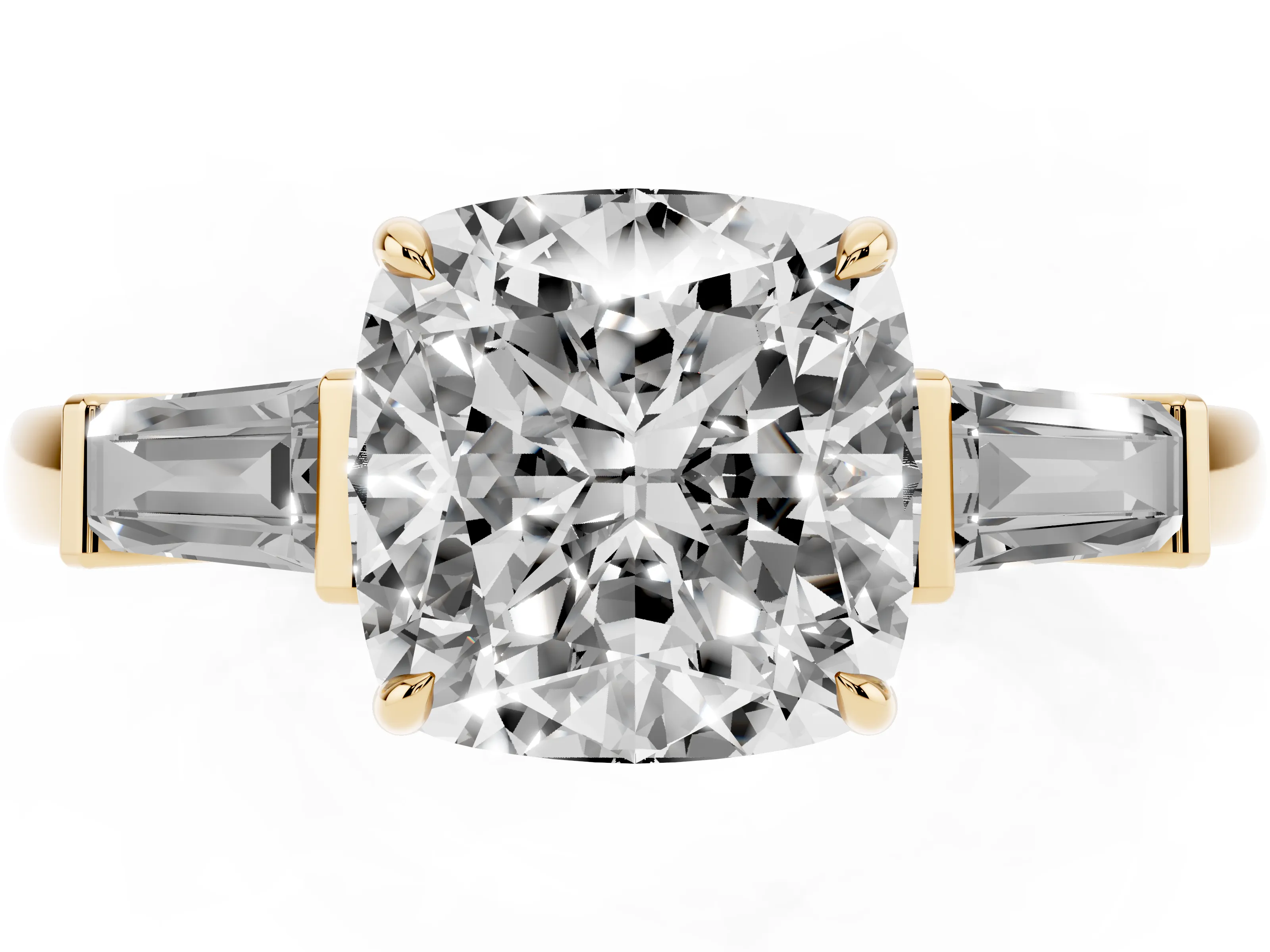 Cushion Cut Diamond Three-Stone Ring Set in Yellow gold with Tapered Baguette Side Stones and Prong Setting