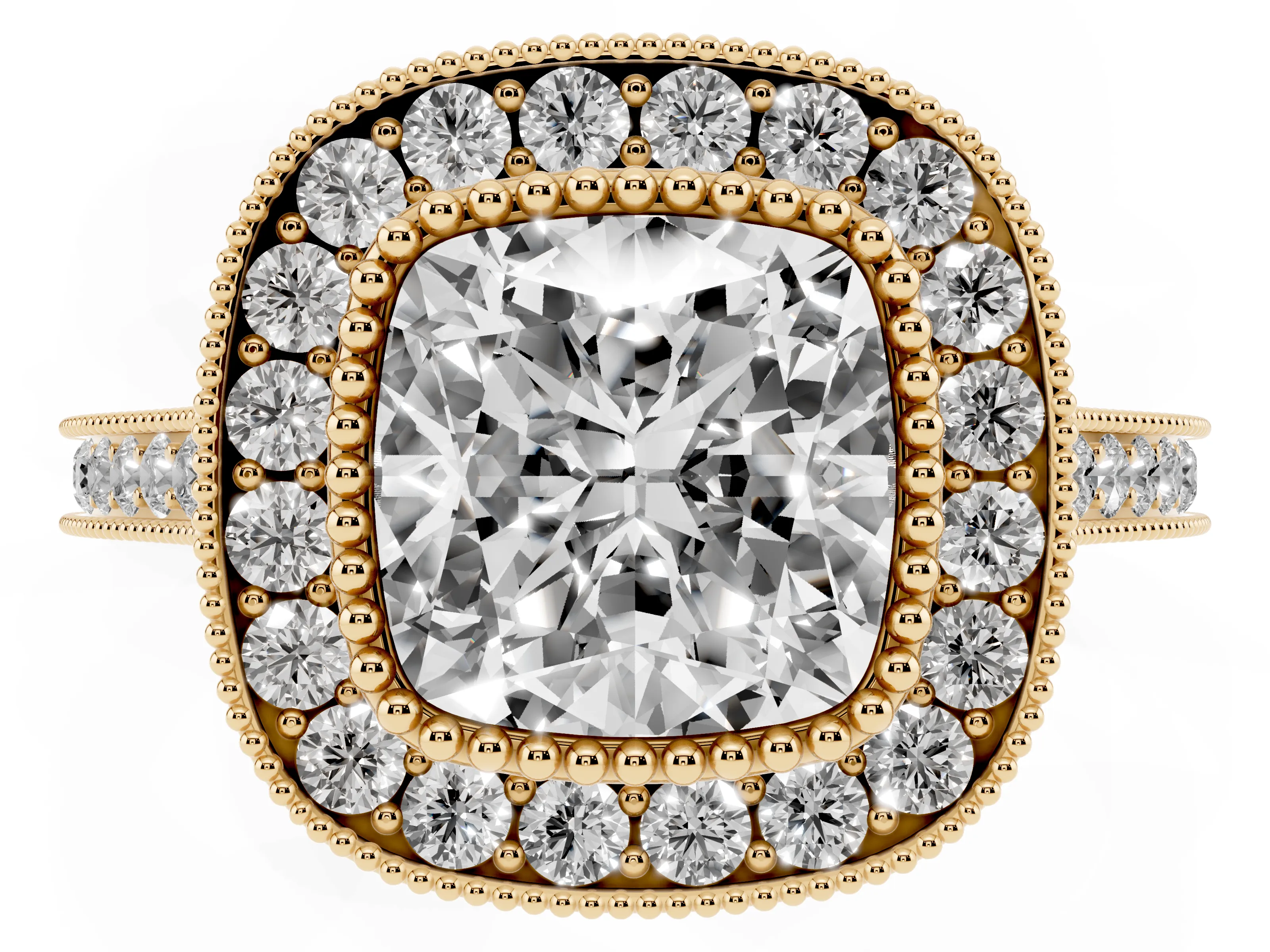Cushion Cut Diamond Halo Ring Set in Yellow gold with Milgrain Frame and Pavé Band