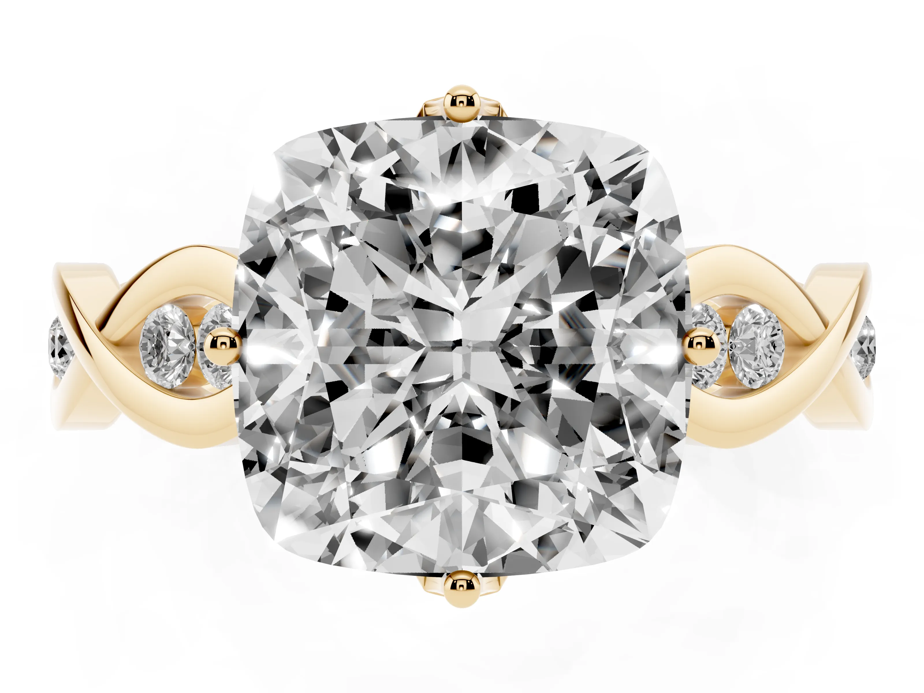 Cushion Cut Diamond Twist Band Solitaire Ring Set in Yellow gold with Leaf Prong Setting and Accent Stones
